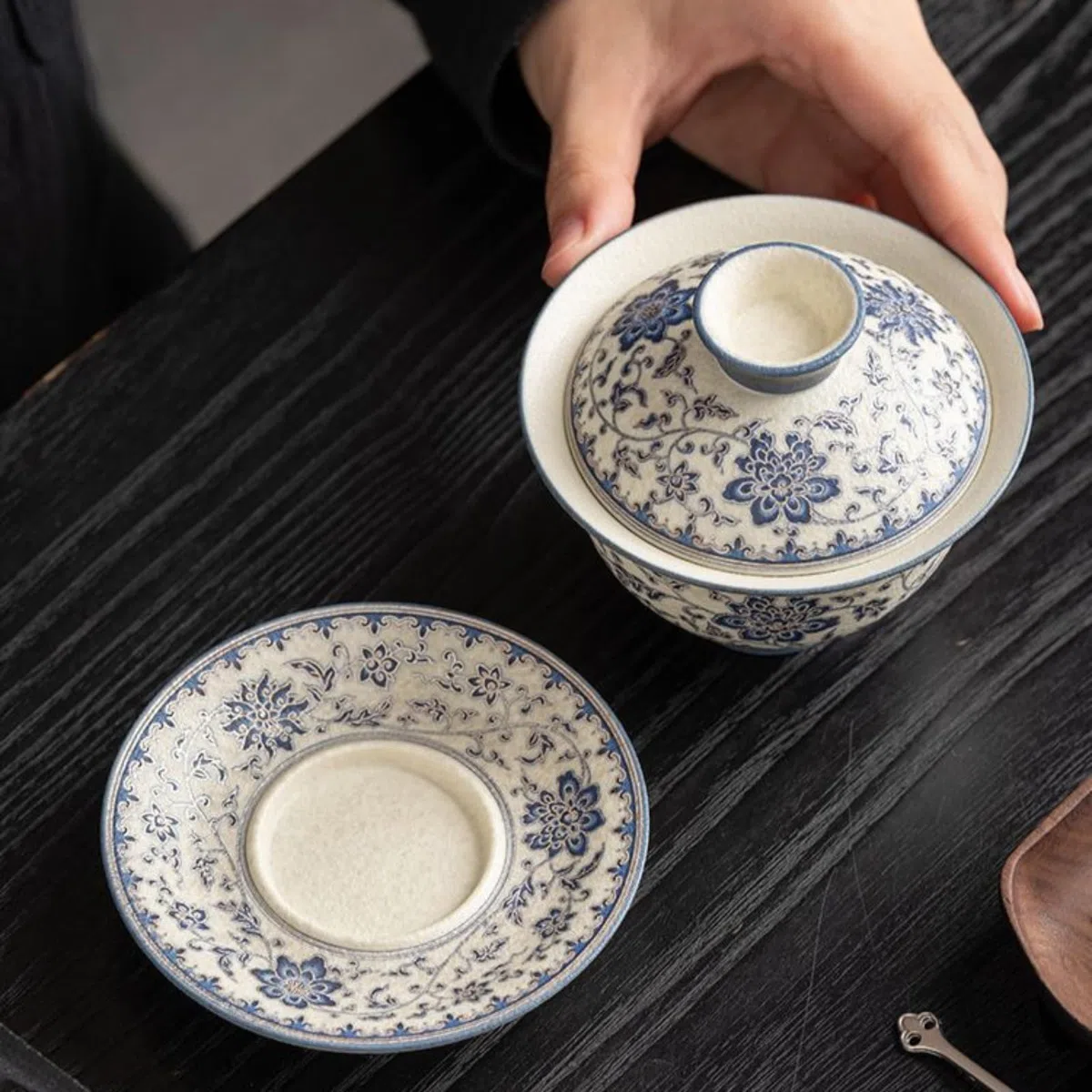Niebieski i biały spleciony lotos ceramiczny Gaiwan, 180 ml, 170 ml, z pokrywką zestaw do herbaty Kung Fu