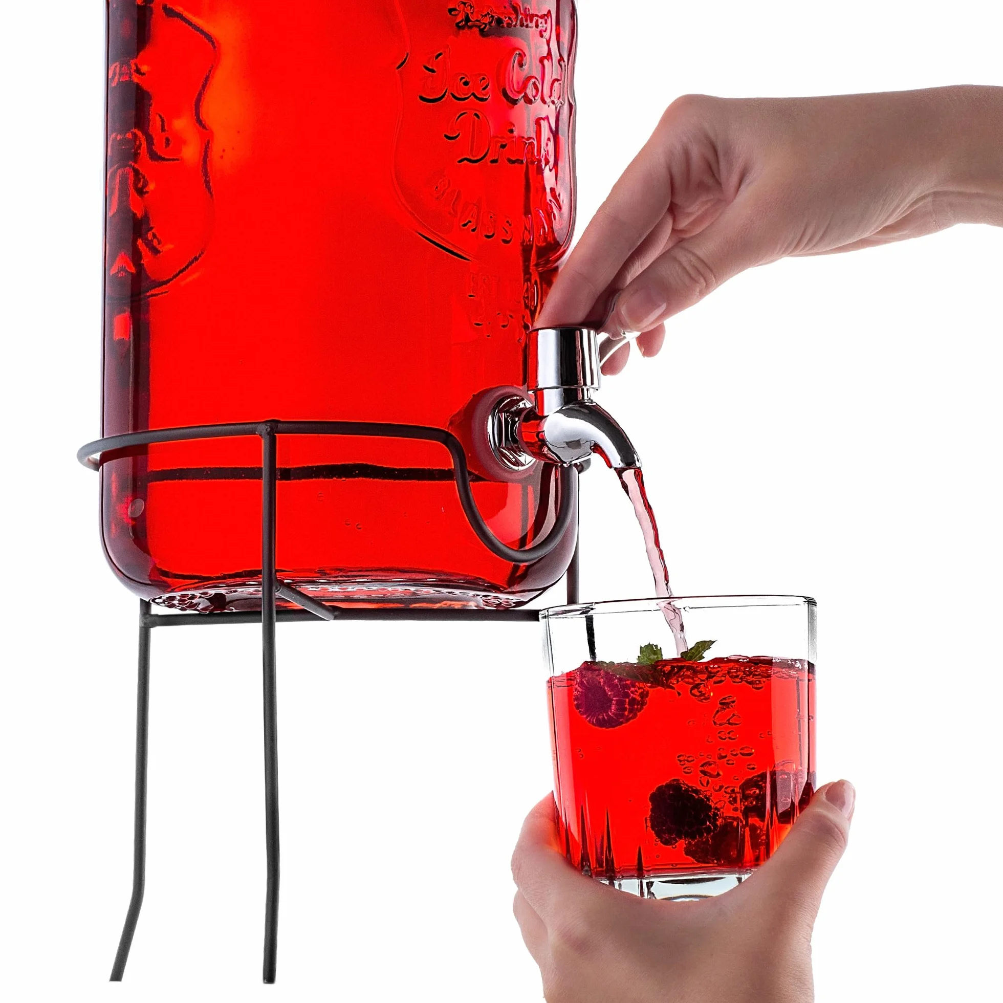 KADAX Dozownik do napojów 4L z podstawą, dozownik soku ze szkła, dozownik wody z kranikiem i pokrywką, dozownik do limonady, dozownik do zimnych napojów (Model 2)