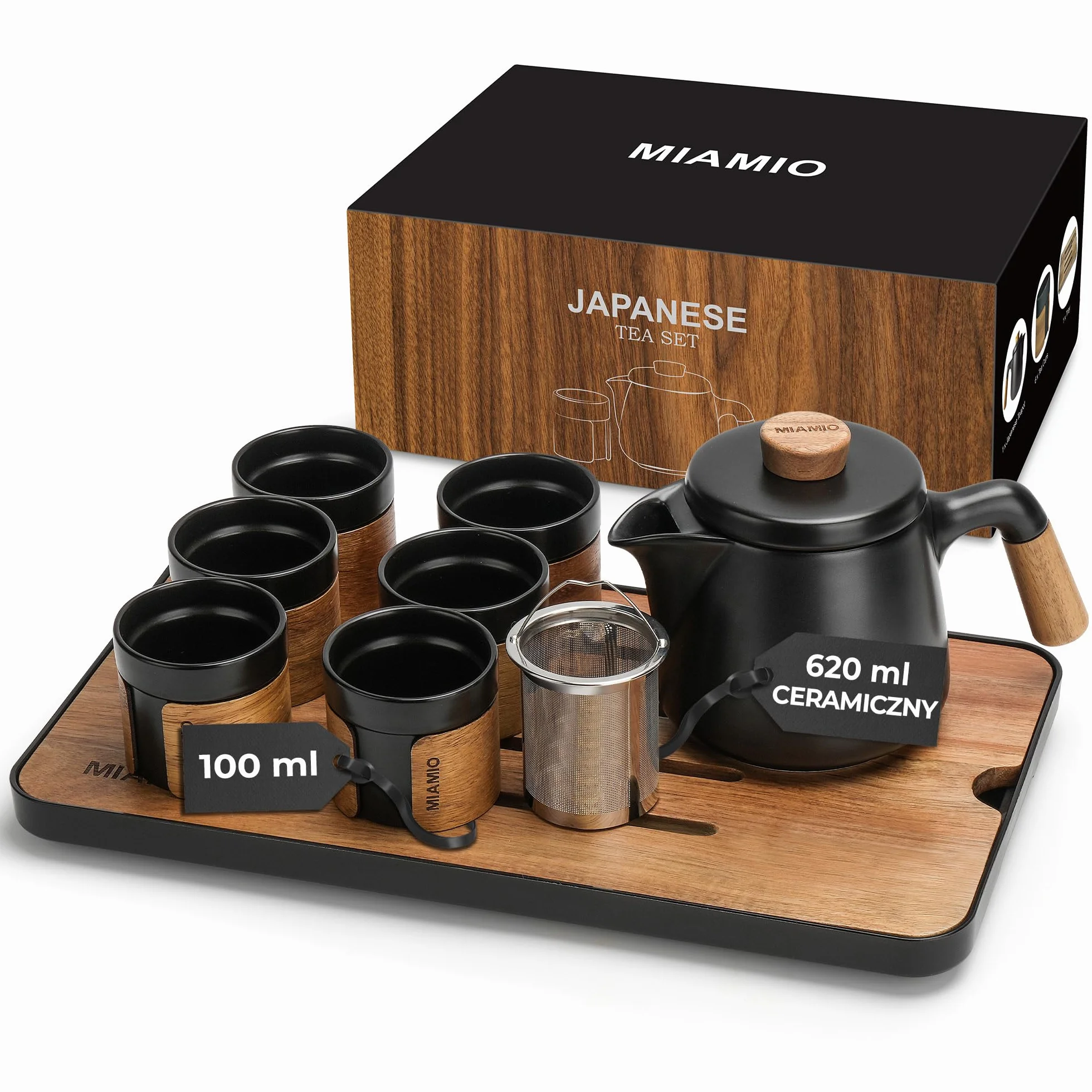 MIAMIO Japoński/chiński zestaw do herbaty, 6 azjatyckich filiżanek (100 ml) z zaparzaczem do herbaty (620 ml), tradycyjny japoński zestaw filiżanek dla miłośników herbaty, mężczyzn, kobiet (czarny)