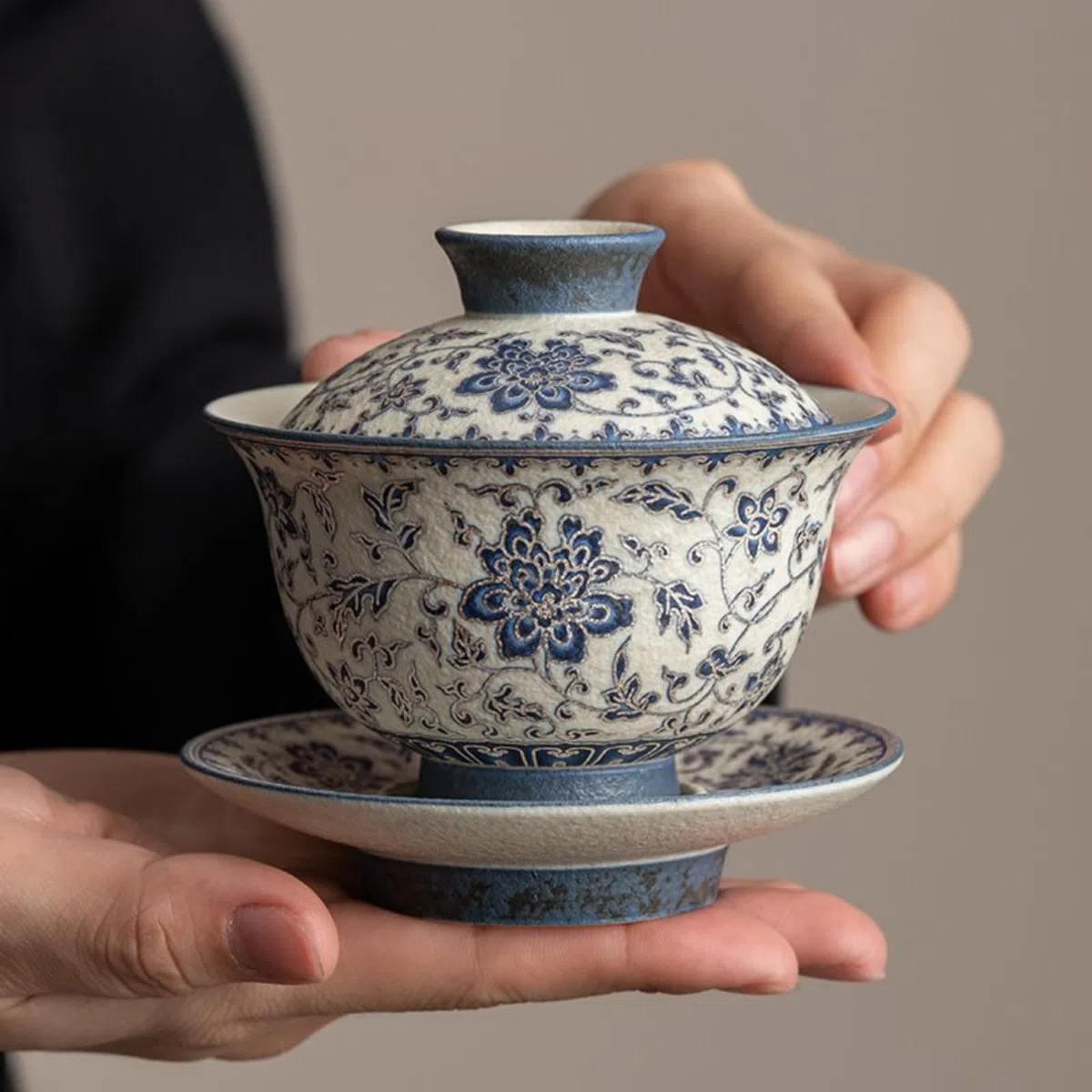 Niebieski i biały spleciony lotos ceramiczny Gaiwan, 180 ml, 170 ml, z pokrywką zestaw do herbaty Kung Fu
