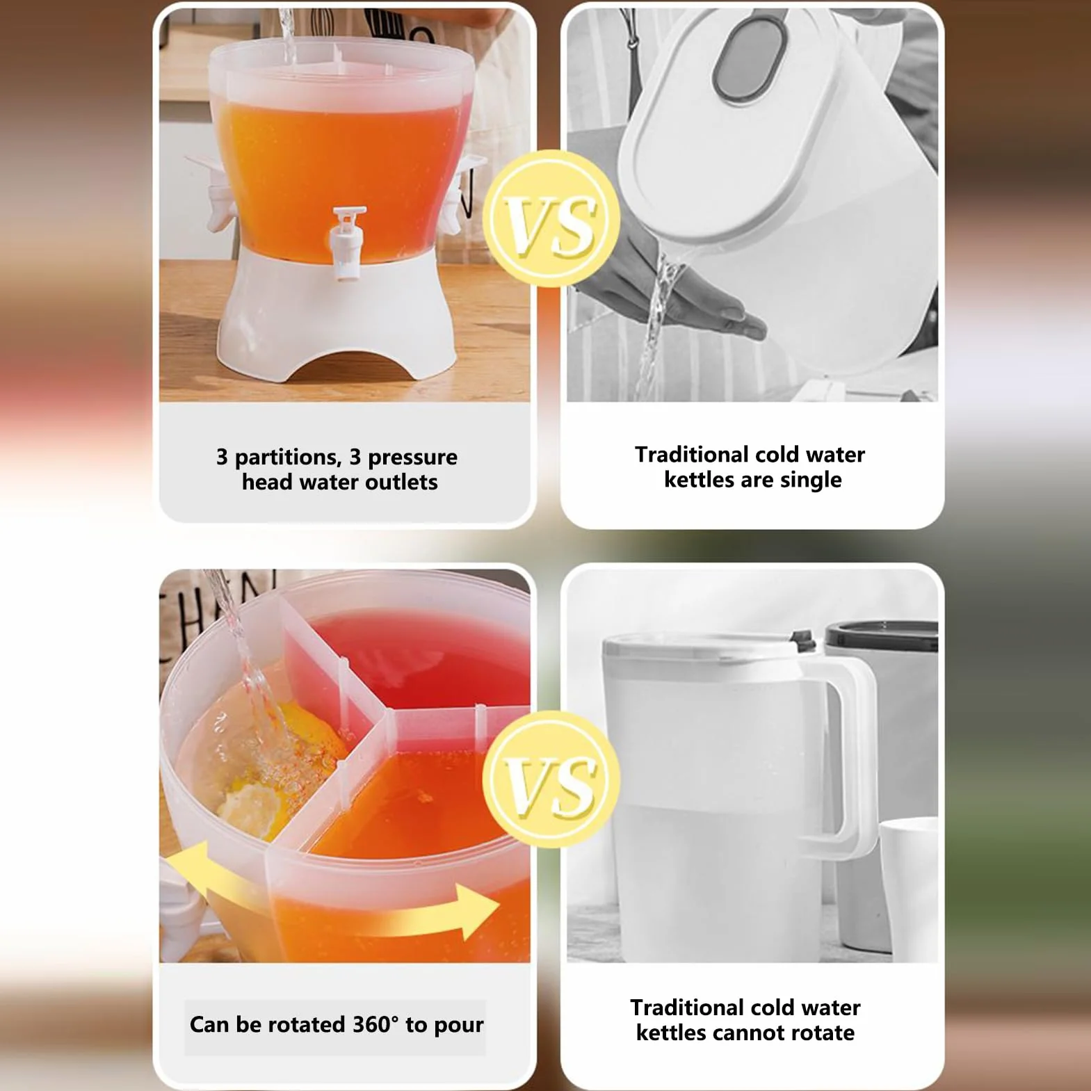 Beverage Dispenser, 5.3L Drink Dispenser with Spigot, Rotating Jug, Leakproof Pitcher, Sturdy Water Container Three Compartment Design for Juice Iced Tea Lemonade Cold Brew