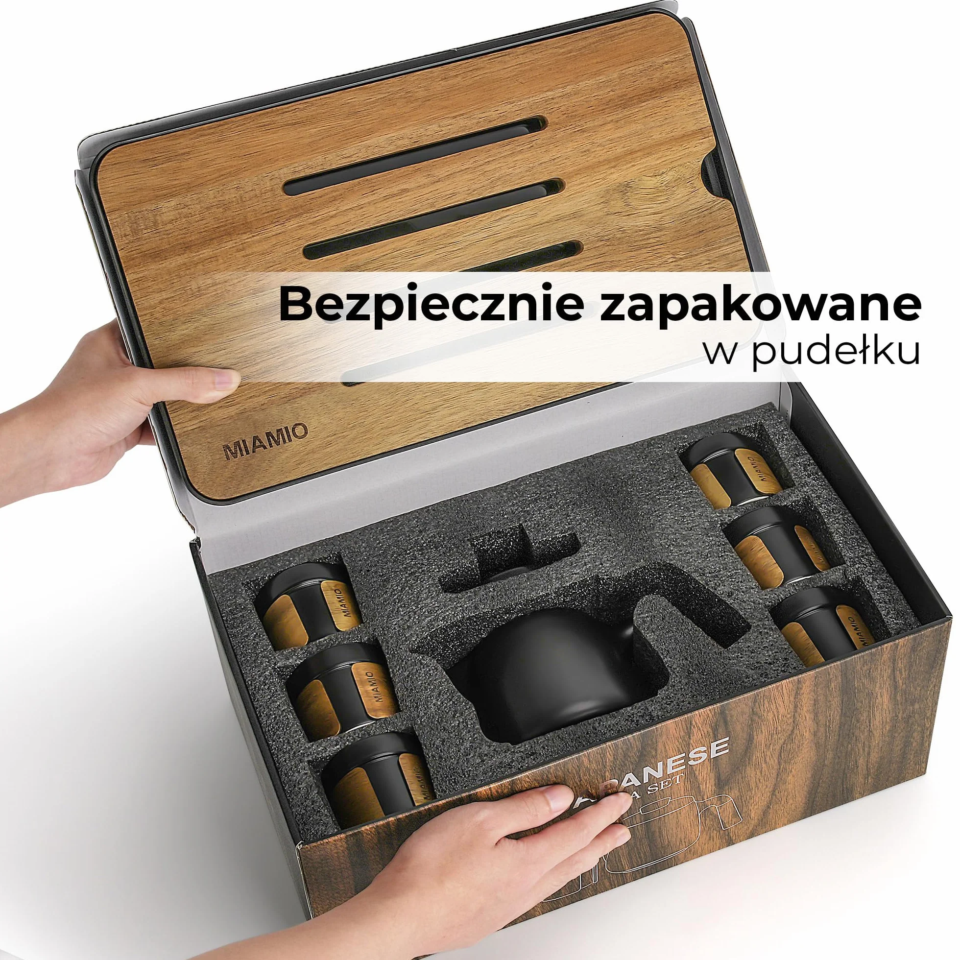 MIAMIO Japoński/chiński zestaw do herbaty, 6 azjatyckich filiżanek (100 ml) z zaparzaczem do herbaty (620 ml), tradycyjny japoński zestaw filiżanek dla miłośników herbaty, mężczyzn, kobiet (czarny)