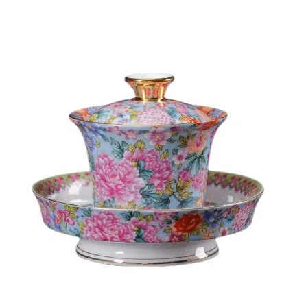Ceramiczny zestaw do herbaty, emaliowana misa pokryta Sancai, ceramiczna misa do herbaty, filiżanka do herbaty, zestaw do herbaty Gaiwan z tacą, zestaw do herbaty Gaiwan dla jednej osoby (w stylu ni