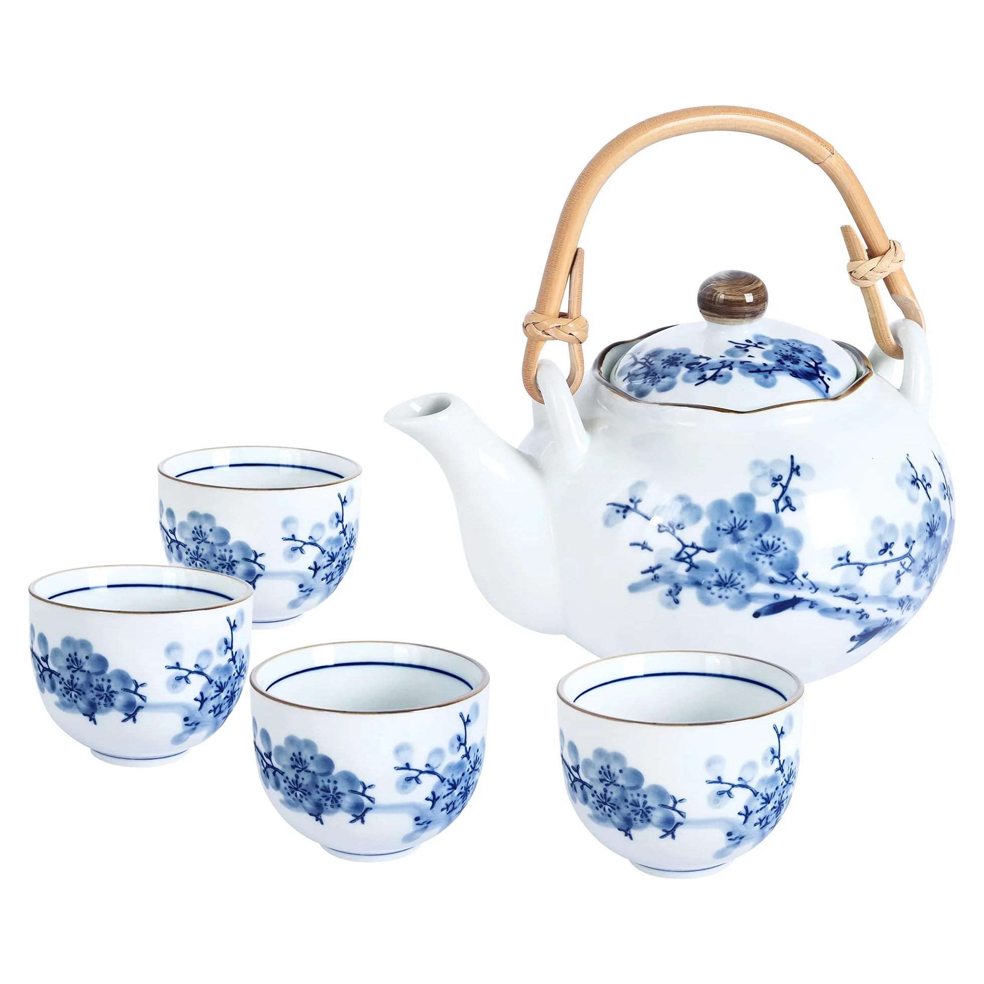 fanquare Japoński niebiesko-biały porcelanowy zestaw do herbaty, wzór kwiatów śliwki, ceramiczny dzbanek do herbaty z trzonkiem rattanowym i 4 filiżankami