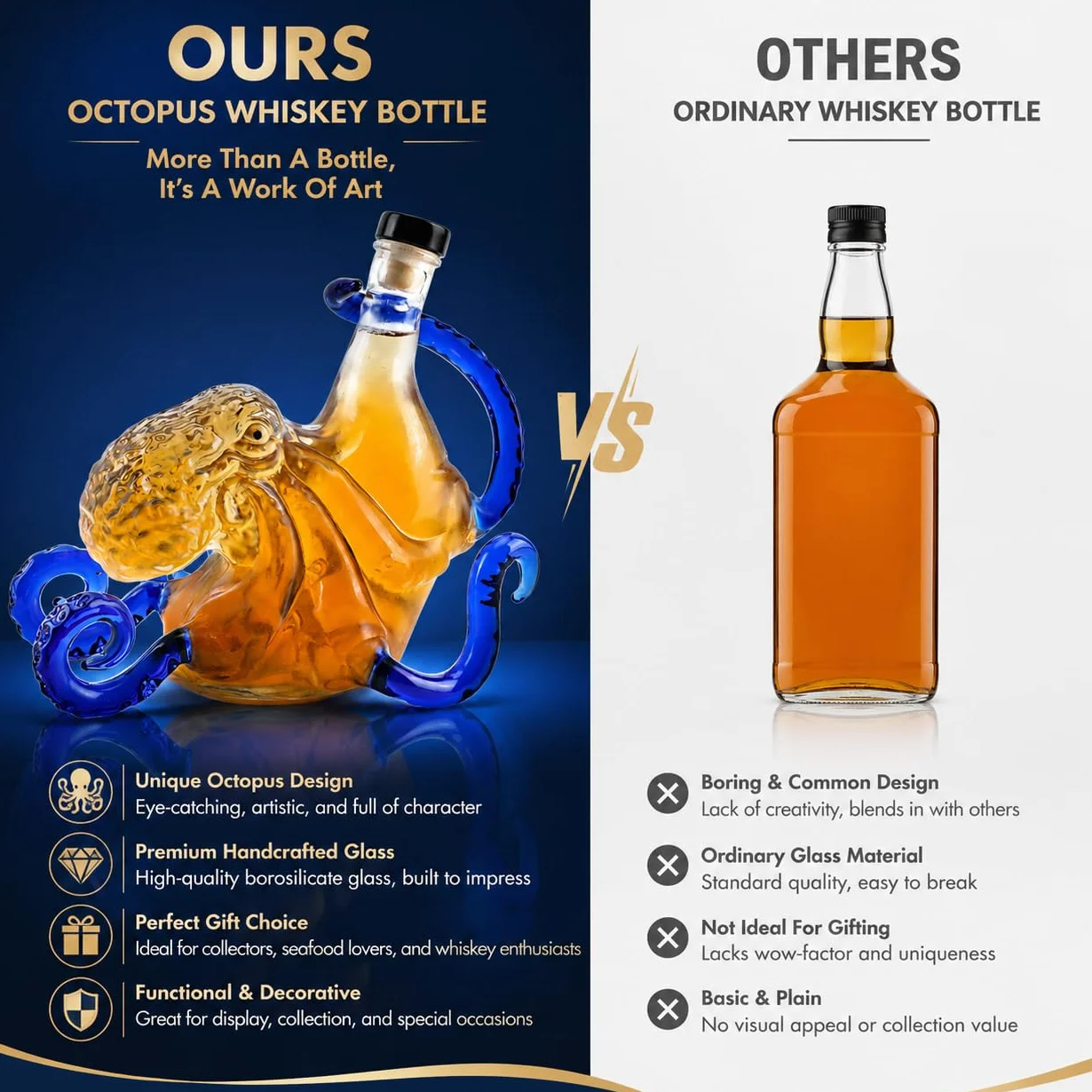 Octopus szklana karafka 350 ml, butelka na alkohol morski, borokrzemowa karafka do whisky, dekoracyjna rzeźba barowa, prezent dla miłośników domu i marynarki