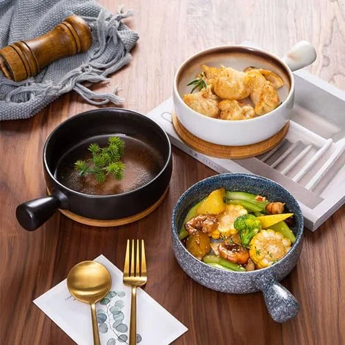 Ceramiczne miseczki do zupy francuskiej cebuli z uchwytami, 650 ml, zestaw 3 sztuk, nadają się do mycia w zmywarce i kuchence mikrofalowej, do zup, płatków śniadaniowych i sałatek