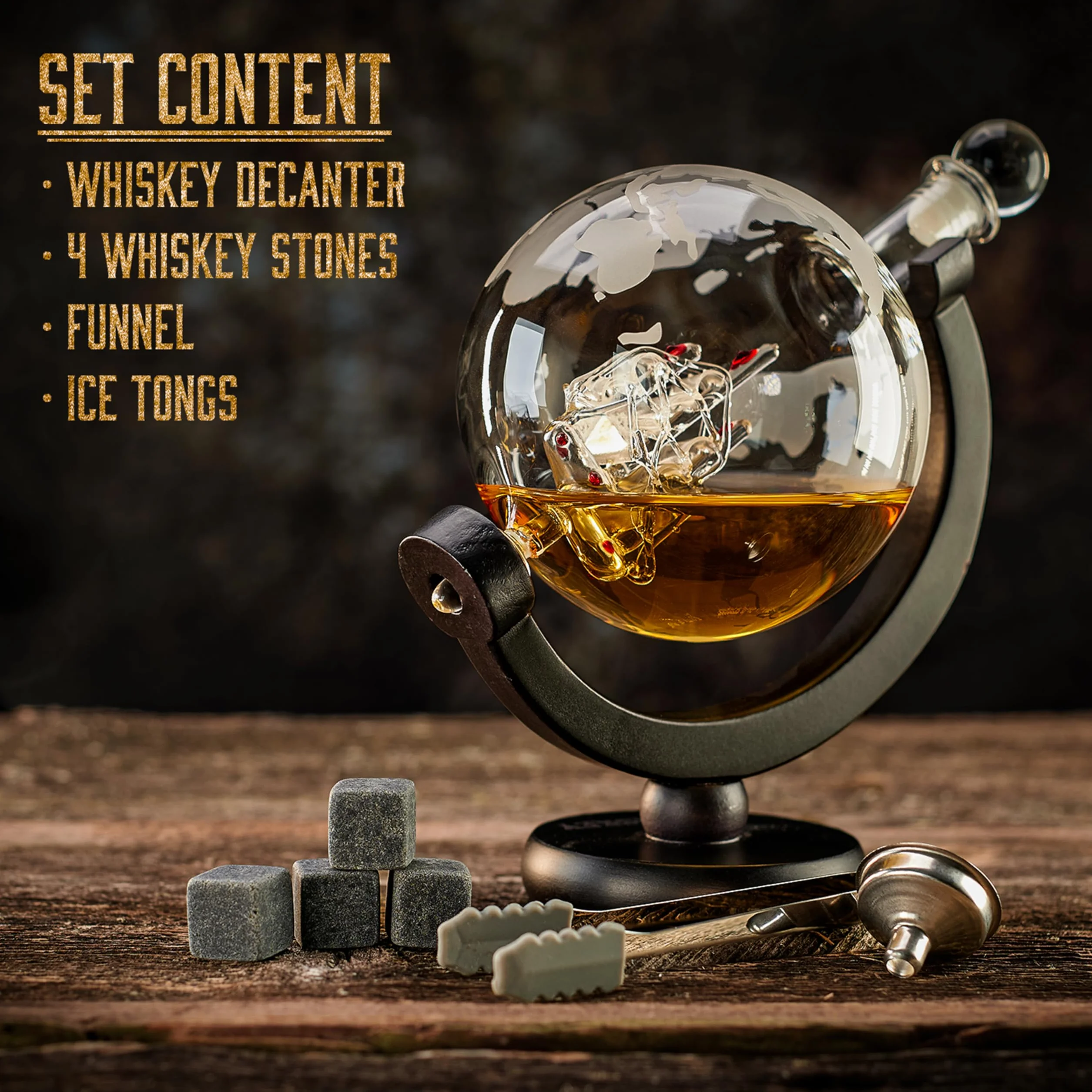 WHISISKEY Zestaw Karafka do Whisky - Zestaw Prezentowy Whiskey - Prezenty dla Mężczyzn - Pomysły na Prezent dla Mężczyzny - Kulista Karafka 900ML, 4 Kamienie do Whisky, Akcesoria