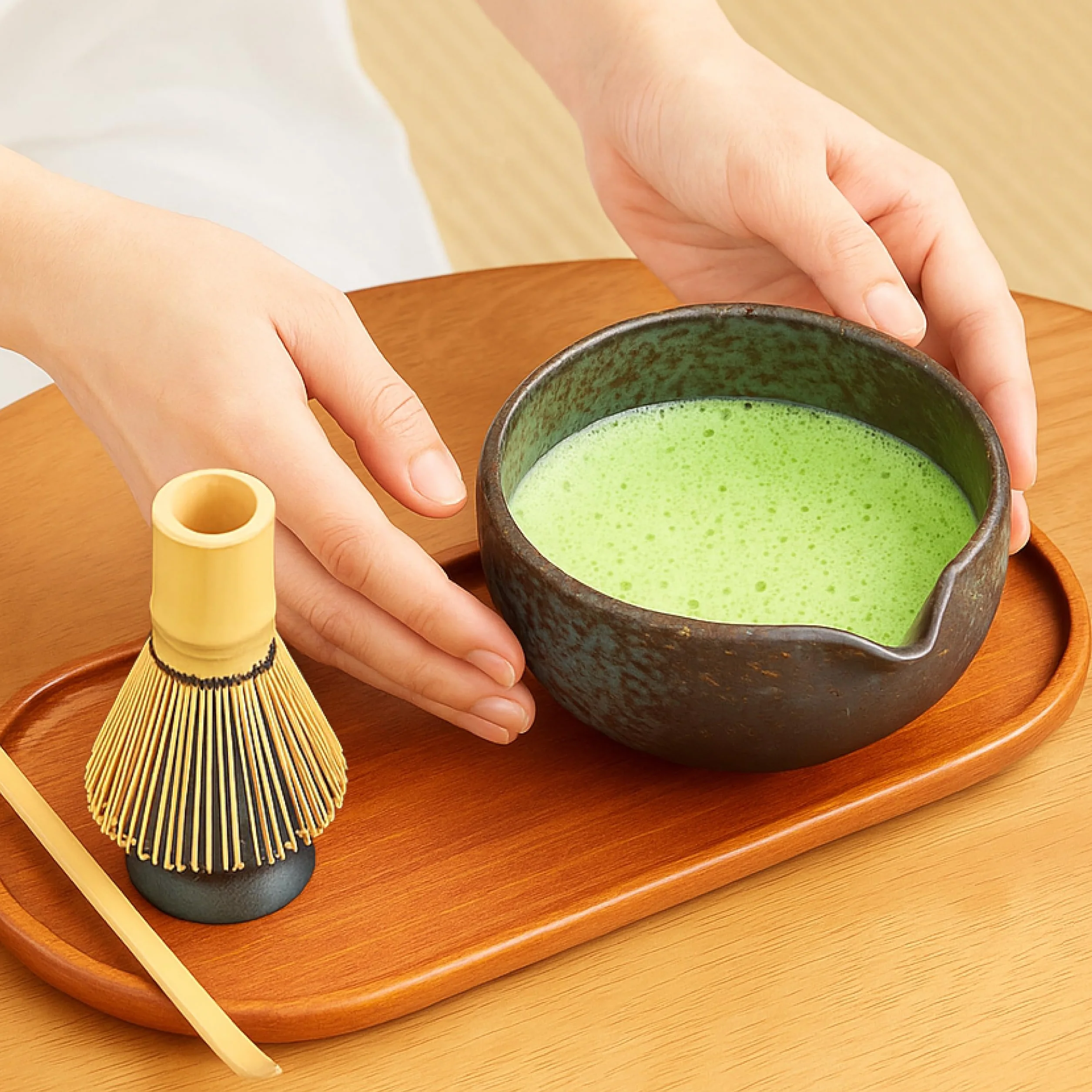 Goodwei Zestaw Matcha Latte do Herbaty Matcha z Miską, Trzepaczką Bambusową, Podstawką, Łyżeczką i Matchą Ekologiczną – Zestaw do Ceremonii Herbacianej i Matcha Latte (Rokusho)