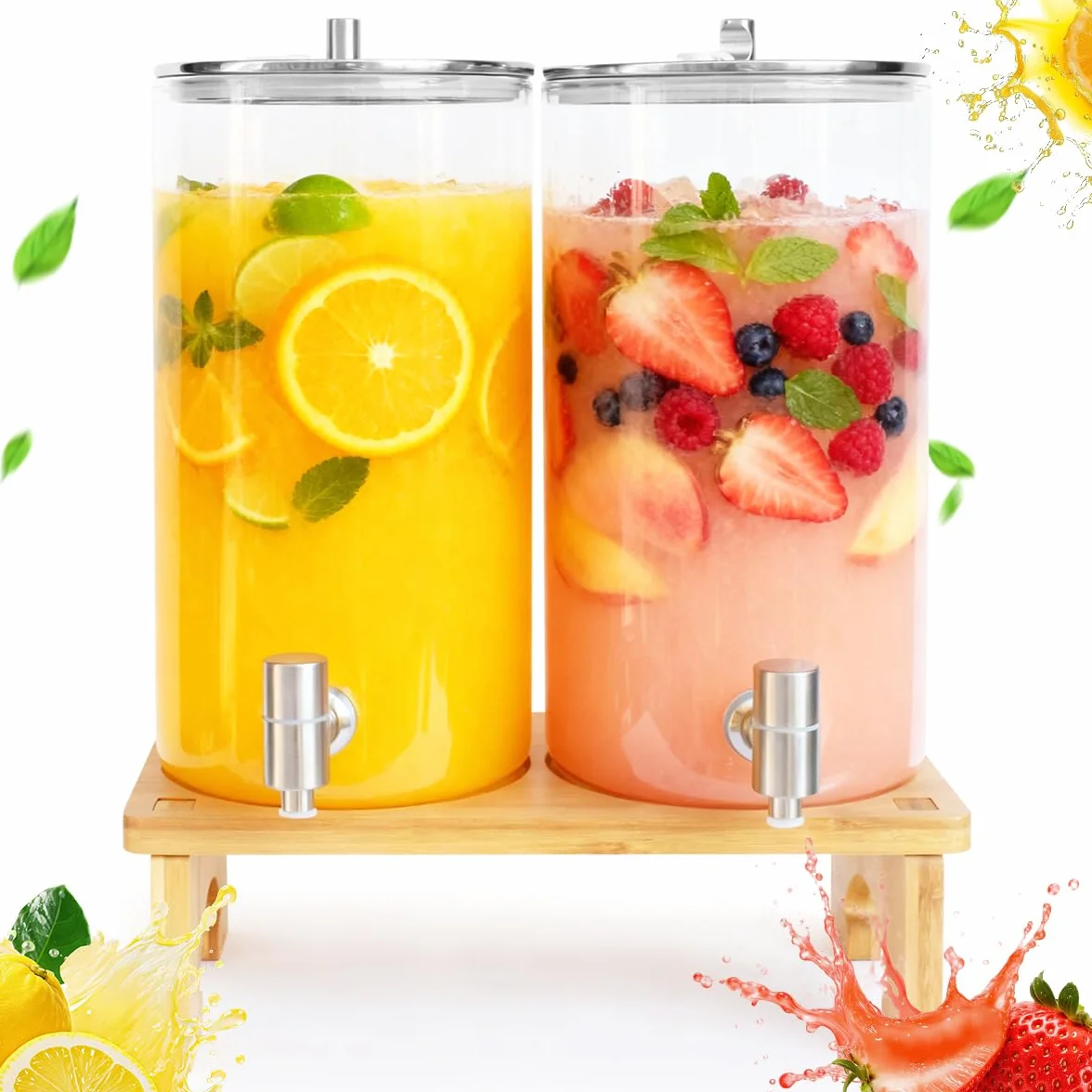 2 x 6 l dozownik do napojów ze stojakiem, szklany dozownik do napojów z kranikiem z litej stali nierdzewnej, do mrożonych soków, wody, domowych napojów, imprez, wesel