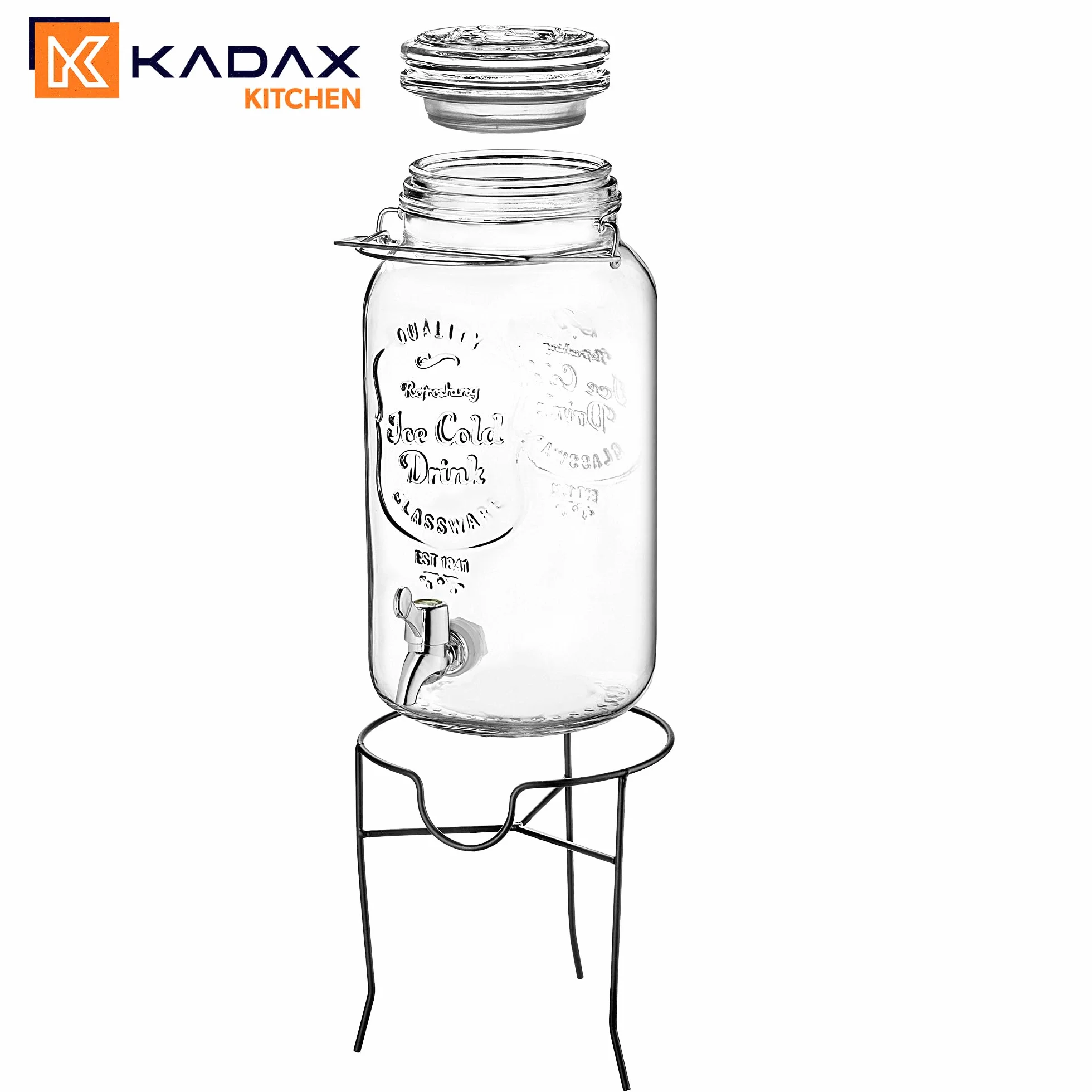 KADAX Dozownik do napojów 4L z podstawą, dozownik soku ze szkła, dozownik wody z kranikiem i pokrywką, dozownik do limonady, dozownik do zimnych napojów (Model 2)