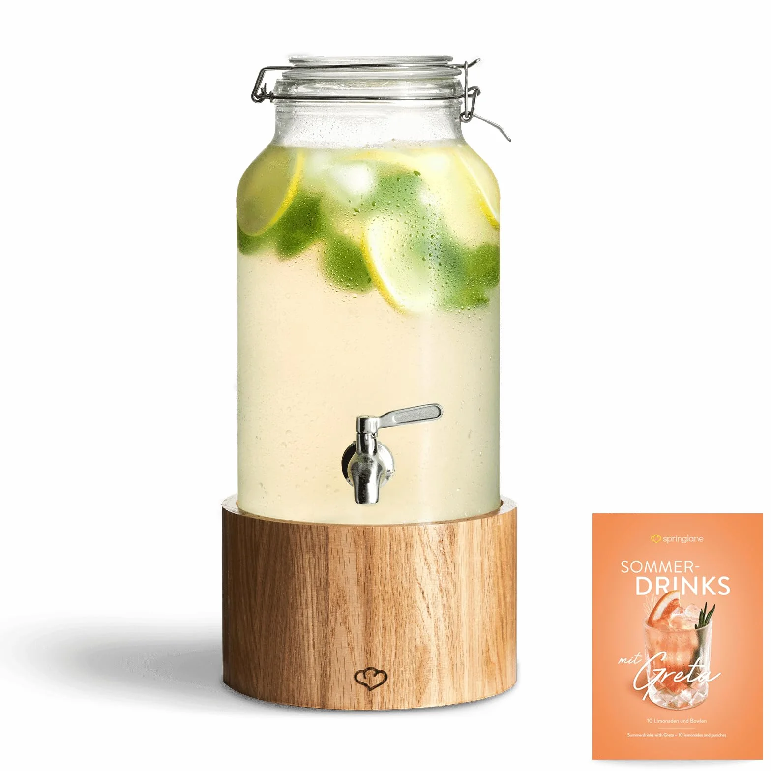 SPRINGLANE szklany dozownik do napojów 5 L Greta z kranikiem ze stali nierdzewnej i stojakiem z drewna kauczukowego, dozownik do lemoniady, Vintage Design Mason Jar