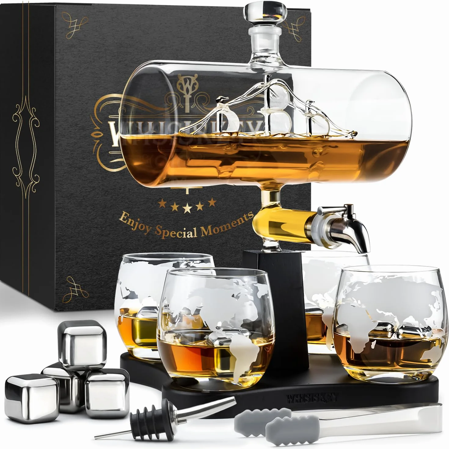 WHISISKEY Zestaw Karafka do Whisky - Zestaw Prezentowy Whiskey - Prezenty dla Mężczyzn - Pomysły na Prezent dla Mężczyzny - Żaglówki Karafka 1100ML, 4 Szklanki do Whisky, 4 Kamienie do Whisky