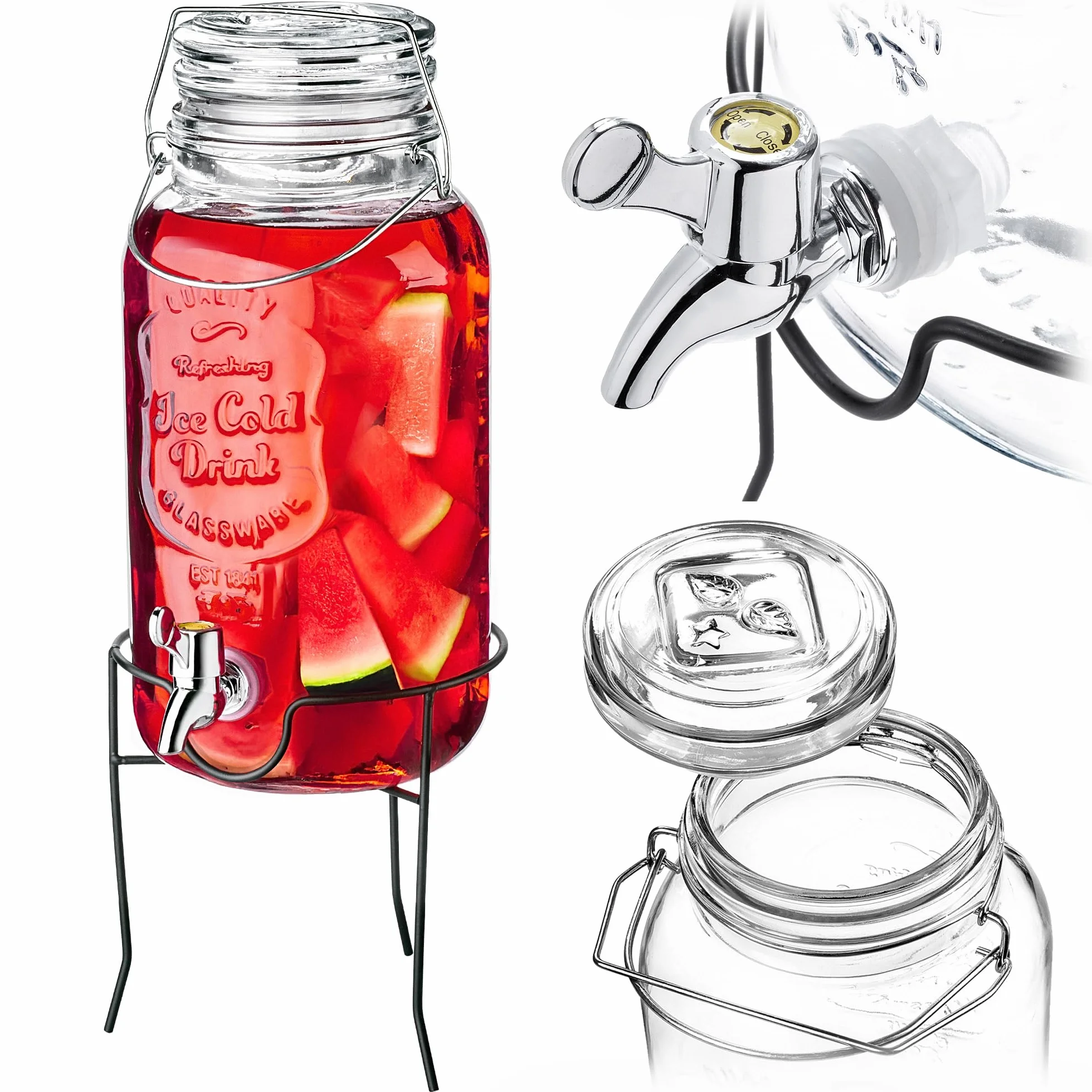 KADAX Dozownik do napojów 4L z podstawą, dozownik soku ze szkła, dozownik wody z kranikiem i pokrywką, dozownik do limonady, dozownik do zimnych napojów (Model 2)