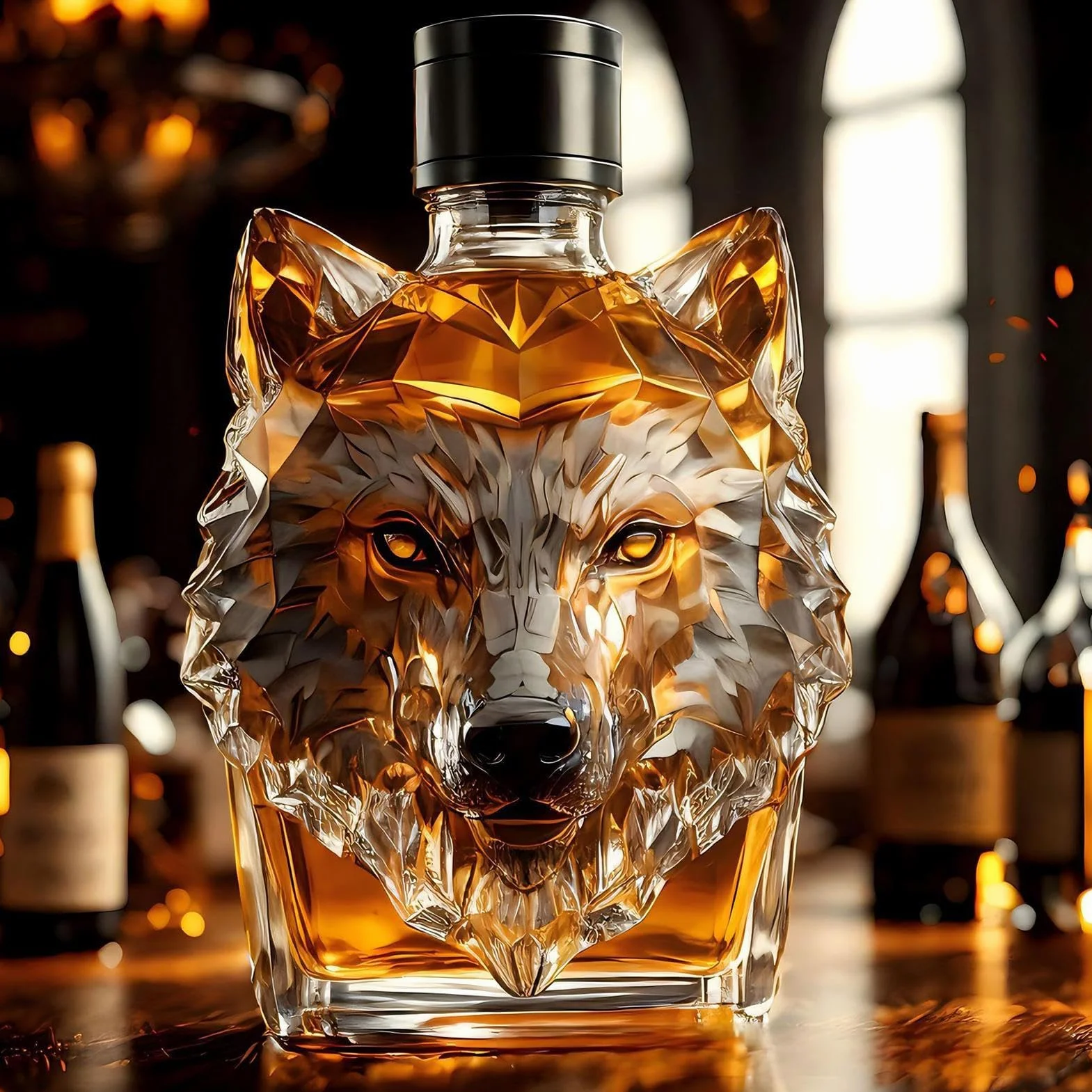 Wolf butelka do whisky, w stylu vintage, wilk, karafka do whisky z herbem, wytrzymała i funkcjonalna konstrukcja do domowego baru, kolekcjonerskiego, likieru z motywem zwierzęcym