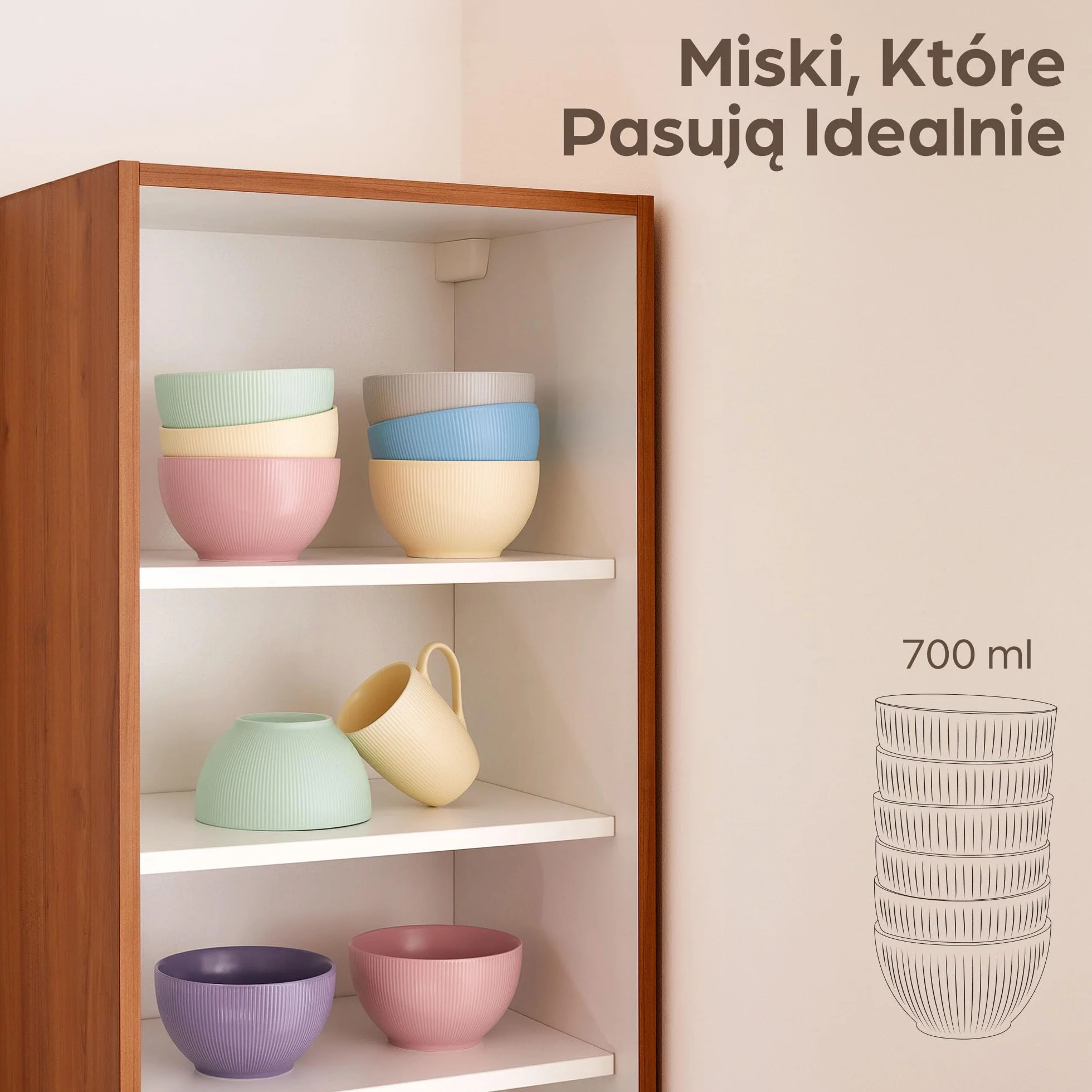 Praknu Misek na Musli - Zestaw 6 Misek - Ceramika Kolorowa - Duża Miska na Płatki - Odporna na Mikrofalówkę i Zmywarkę - 700 ml - Miski do zupy