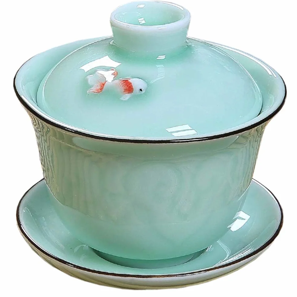 Ceramiczny zestaw Gaiwan, GAI Wan filiżanka do herbaty z pokrywką do tradycyjnej chińskiej ceremonii parzenia herbaty Gongfu luźna herbata oolong/puerh G-W-1 (ryba)