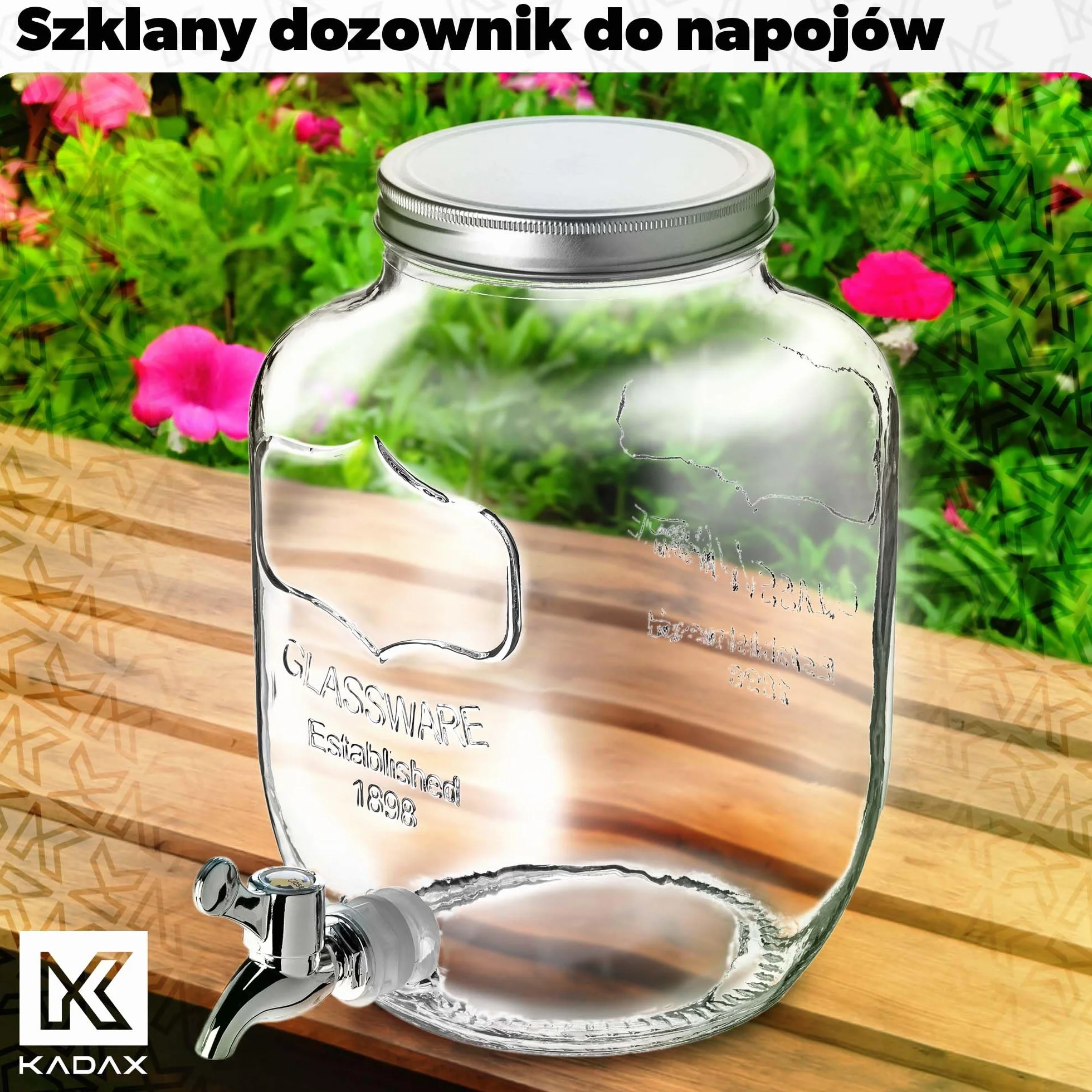 KADAX Dystrybutor napojów 4 l, szklany słój z kranikiem i pokrywką - do serwowania wody, soków i lemoniady; idealny na przyjęcia i grill