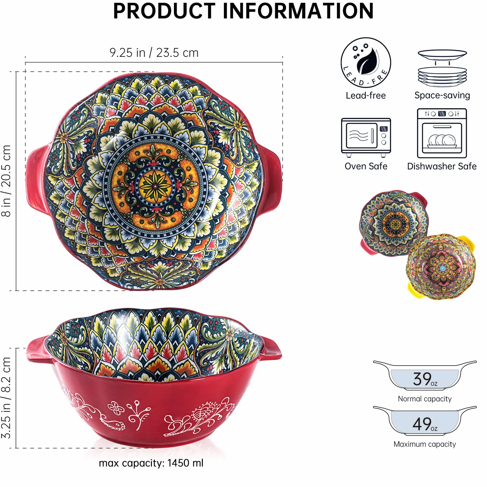 Henten Home Miska do sałatki z uchwytem, duże porcelanowe miski do serwowania, zestaw 56 ml, 1450 ml boho ceramiczna miska na ramen, zupę, owoce, sałatkę, kolorowy zestaw misek - styl boho
