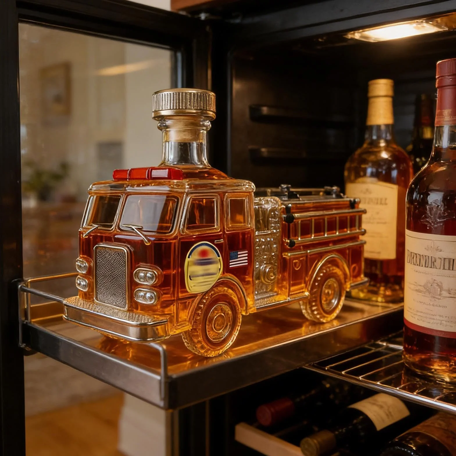 Karafka do alkoholu, 14,5x6x9,5 cm Ręcznie rzeźbiona butelka wina, 300 ml Szklana karafka do whiskey w kształcie strażackiego wozu na urodziny taty, brata, przyjęcie, bar, do domu