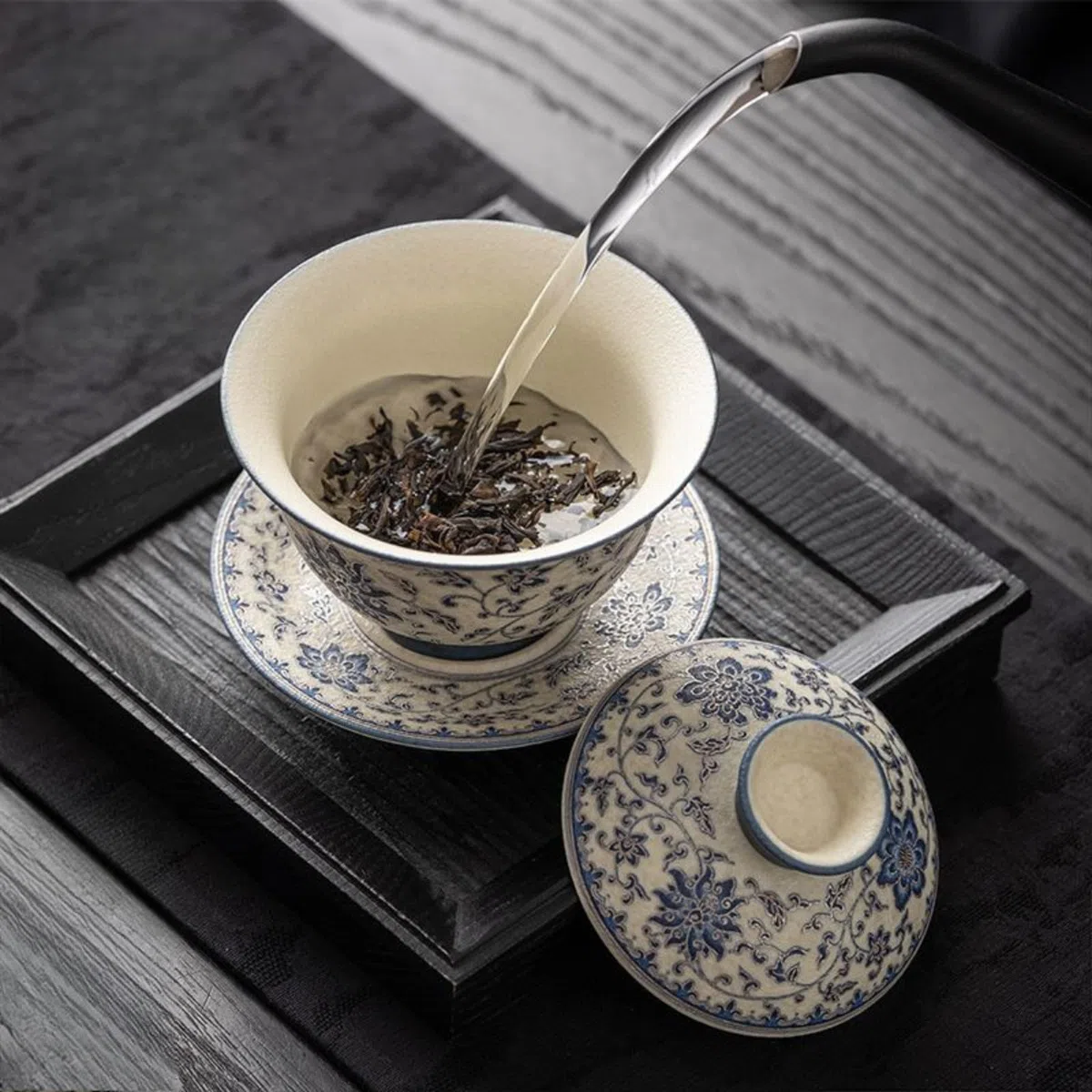 Niebieski i biały spleciony lotos ceramiczny Gaiwan, 180 ml, 170 ml, z pokrywką zestaw do herbaty Kung Fu