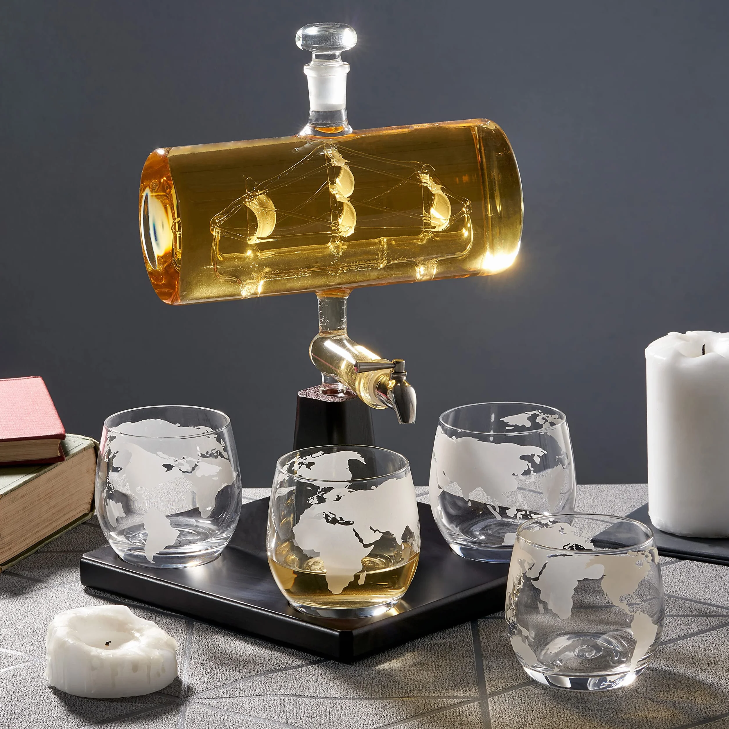 Oak & Steel - Karafka do Whisky (Statek, 1000ml) z Kranem ze Stali Nierdzewnej i 4 Szklankami Whisky (300ml) - Prezent dla Mężczyzn, Urodziny, Dzień Ojca, Boże Narodzenie