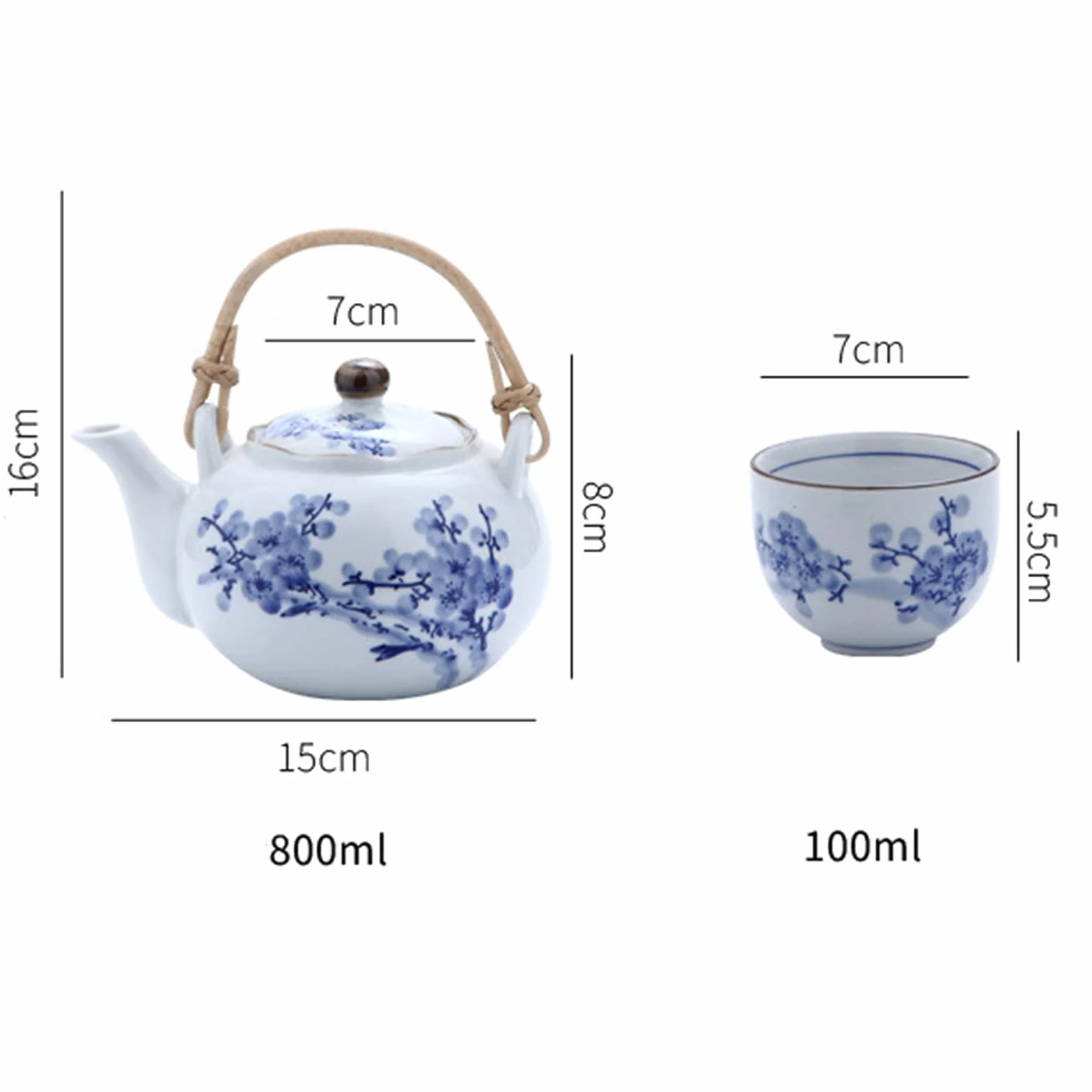 fanquare Japoński niebiesko-biały porcelanowy zestaw do herbaty, wzór kwiatów śliwki, ceramiczny dzbanek do herbaty z trzonkiem rattanowym i 4 filiżankami