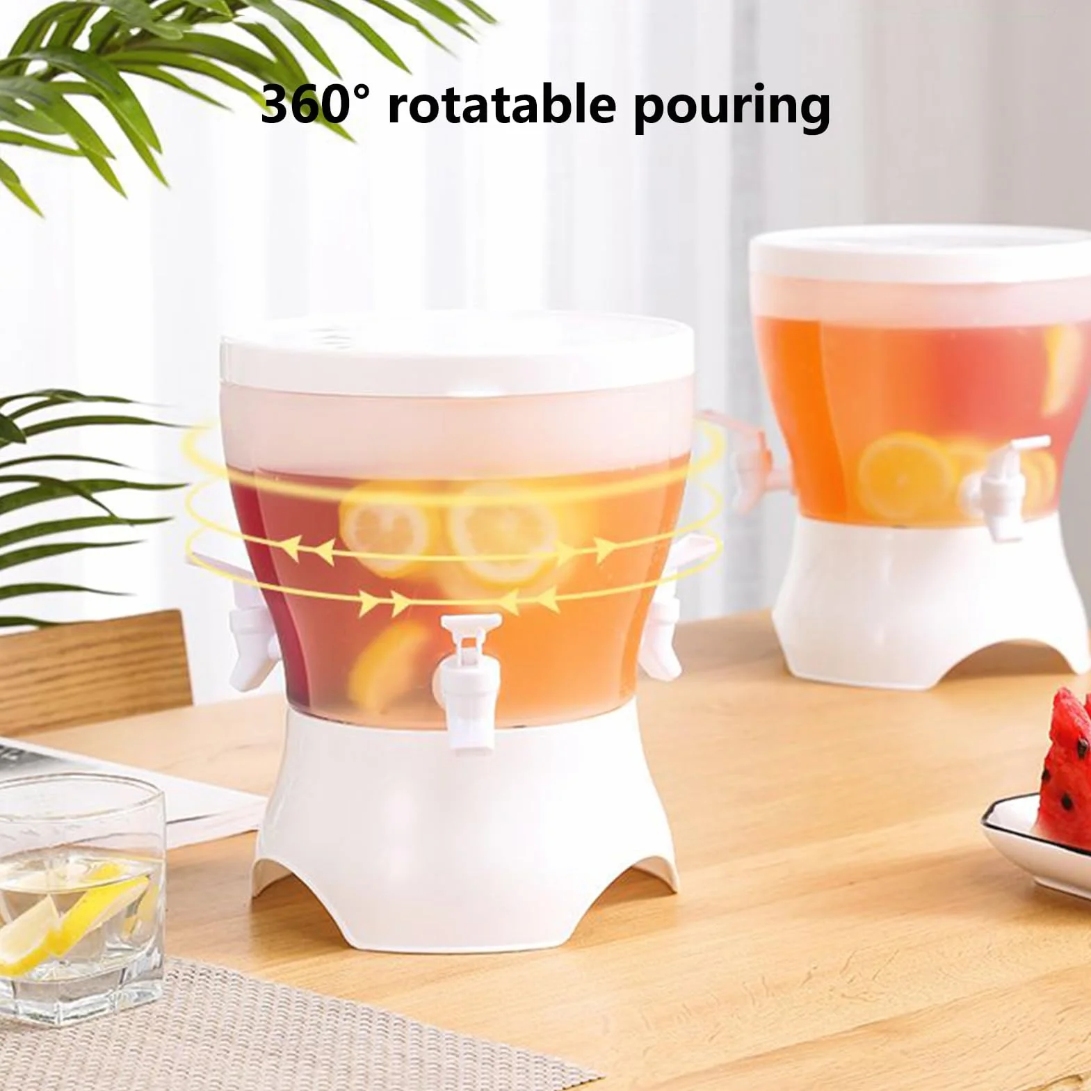 Beverage Dispenser, 5.3L Drink Dispenser with Spigot, Rotating Jug, Leakproof Pitcher, Sturdy Water Container Three Compartment Design for Juice Iced Tea Lemonade Cold Brew