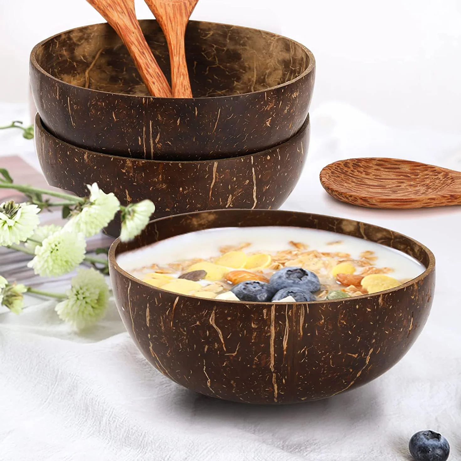 Ręcznie robione skorupki kokosowe, 3-częściowy zestaw misek ze skorupek kokosowych, Coconut bowls set, Smoothie Bowl, miski bez plastiku z łyżeczkami, idealne jako miska do musli, wegańskie
