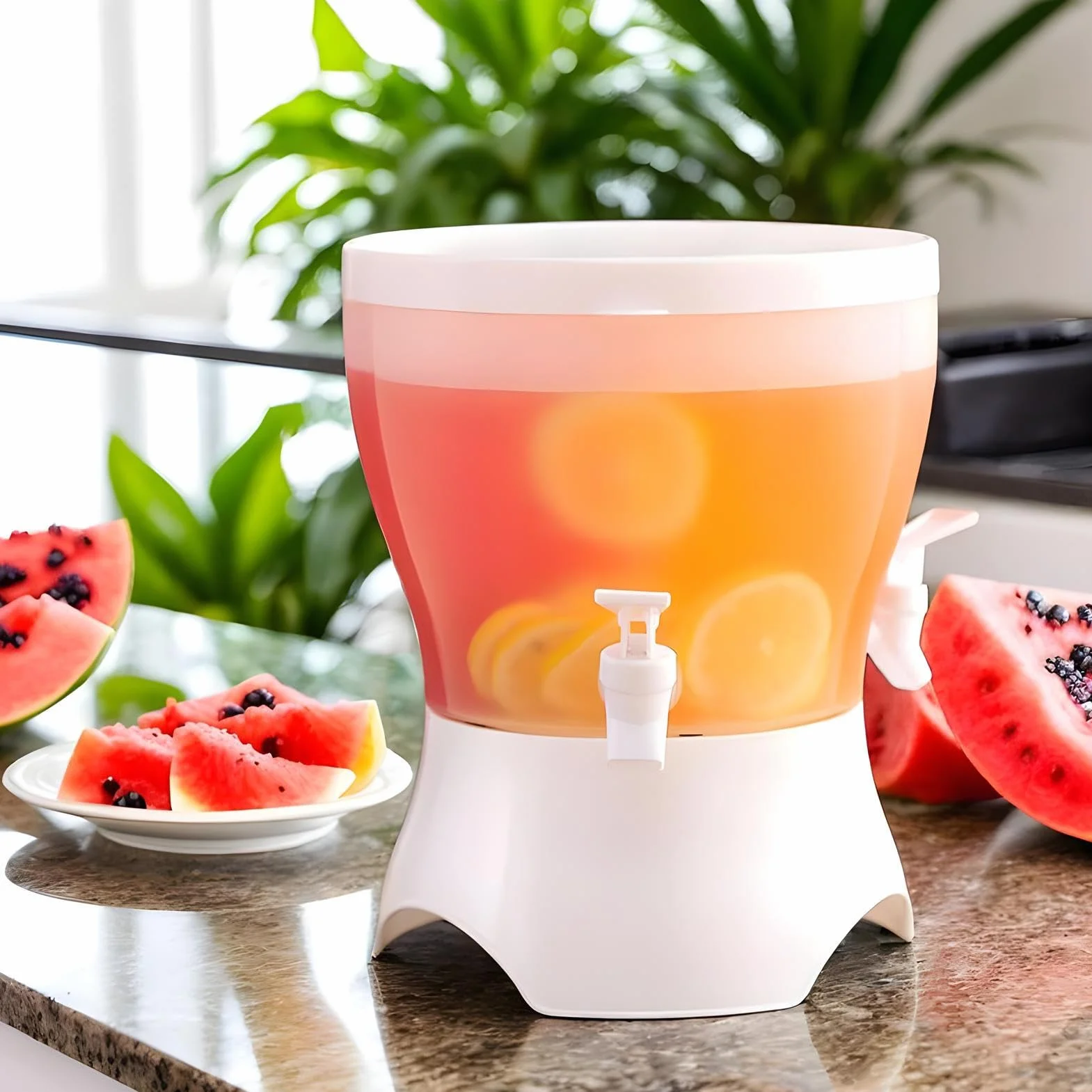 Beverage Dispenser, 5.3L Drink Dispenser with Spigot, Rotating Jug, Leakproof Pitcher, Sturdy Water Container Three Compartment Design for Juice Iced Tea Lemonade Cold Brew