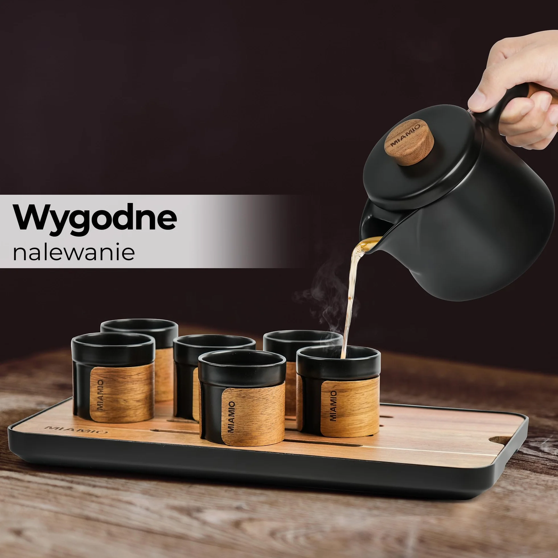 MIAMIO Japoński/chiński zestaw do herbaty, 6 azjatyckich filiżanek (100 ml) z zaparzaczem do herbaty (620 ml), tradycyjny japoński zestaw filiżanek dla miłośników herbaty, mężczyzn, kobiet (czarny)