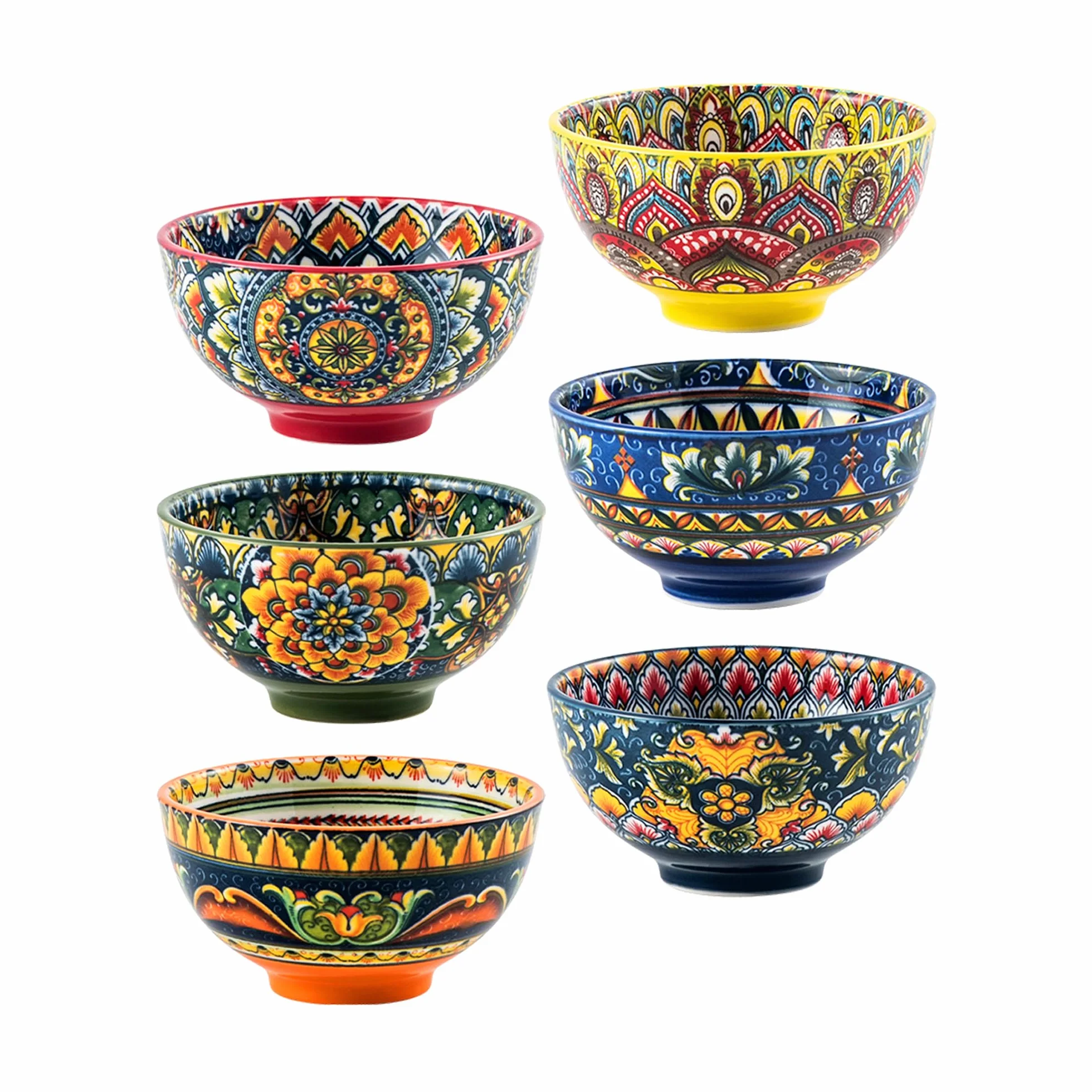 Henten Home Miska do zupy, porcelanowe miseczki deserowe - 300 ml, miseczki na przekąski do lodów, ryżu, deserów, kolorowy zestaw misek do serwowania 6 sztuk - styl bohemski