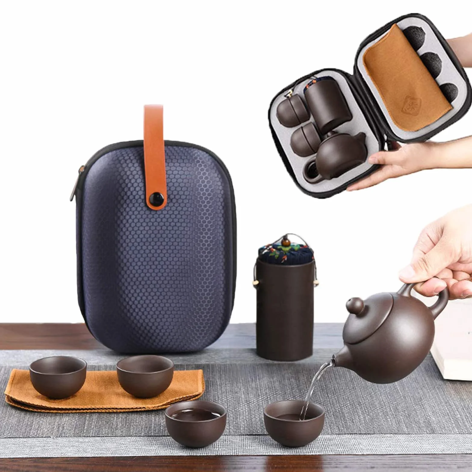 Podróżne zestawy do herbaty ceramiczny chiński kung fu japoński fioletowy gliniany zestaw dzbanka do herbaty tradycyjny ręcznie robiony czajniczek, pojemnik na herbatę, 4 filiżanki, mata do herbaty i