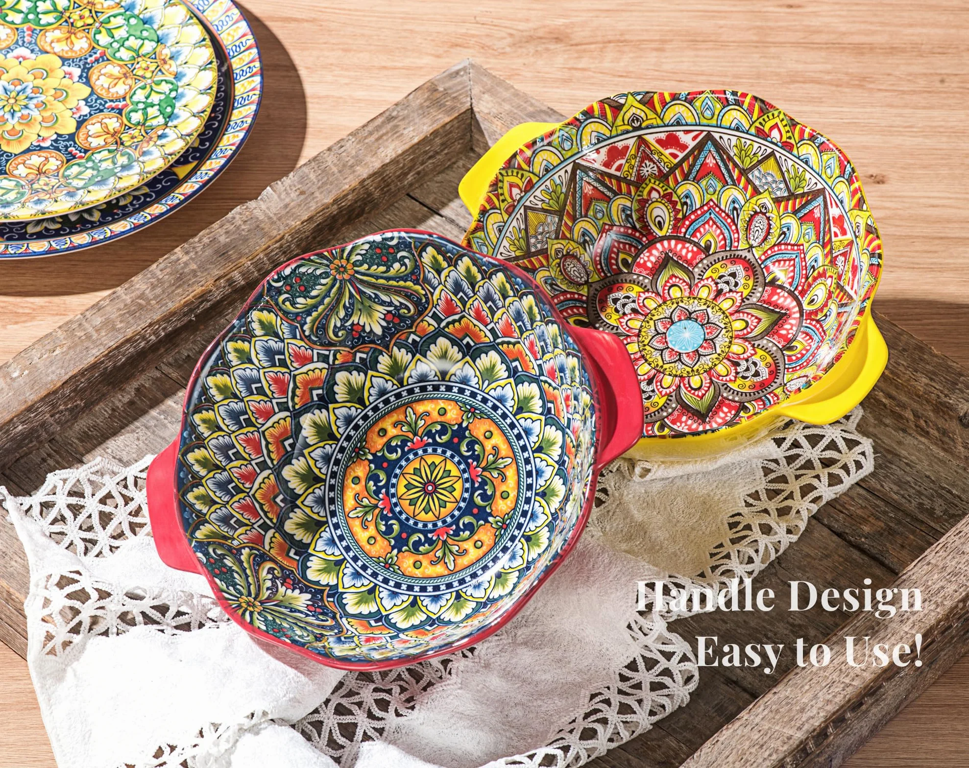 Henten Home Miska do sałatki z uchwytem, duże porcelanowe miski do serwowania, zestaw 56 ml, 1450 ml boho ceramiczna miska na ramen, zupę, owoce, sałatkę, kolorowy zestaw misek - styl boho