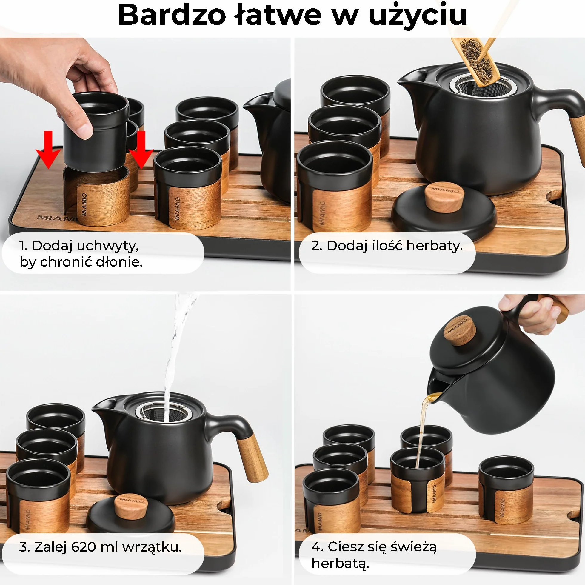 MIAMIO Japoński/chiński zestaw do herbaty, 6 azjatyckich filiżanek (100 ml) z zaparzaczem do herbaty (620 ml), tradycyjny japoński zestaw filiżanek dla miłośników herbaty, mężczyzn, kobiet (czarny)