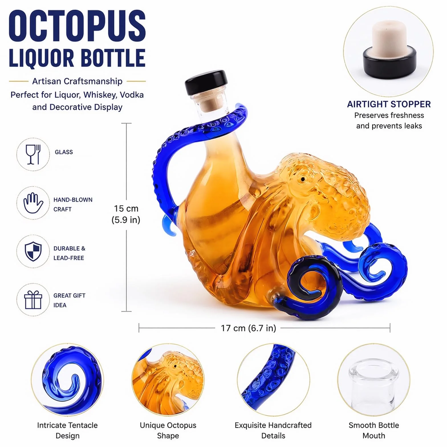 Octopus szklana karafka 350 ml, butelka na alkohol morski, borokrzemowa karafka do whisky, dekoracyjna rzeźba barowa, prezent dla miłośników domu i marynarki