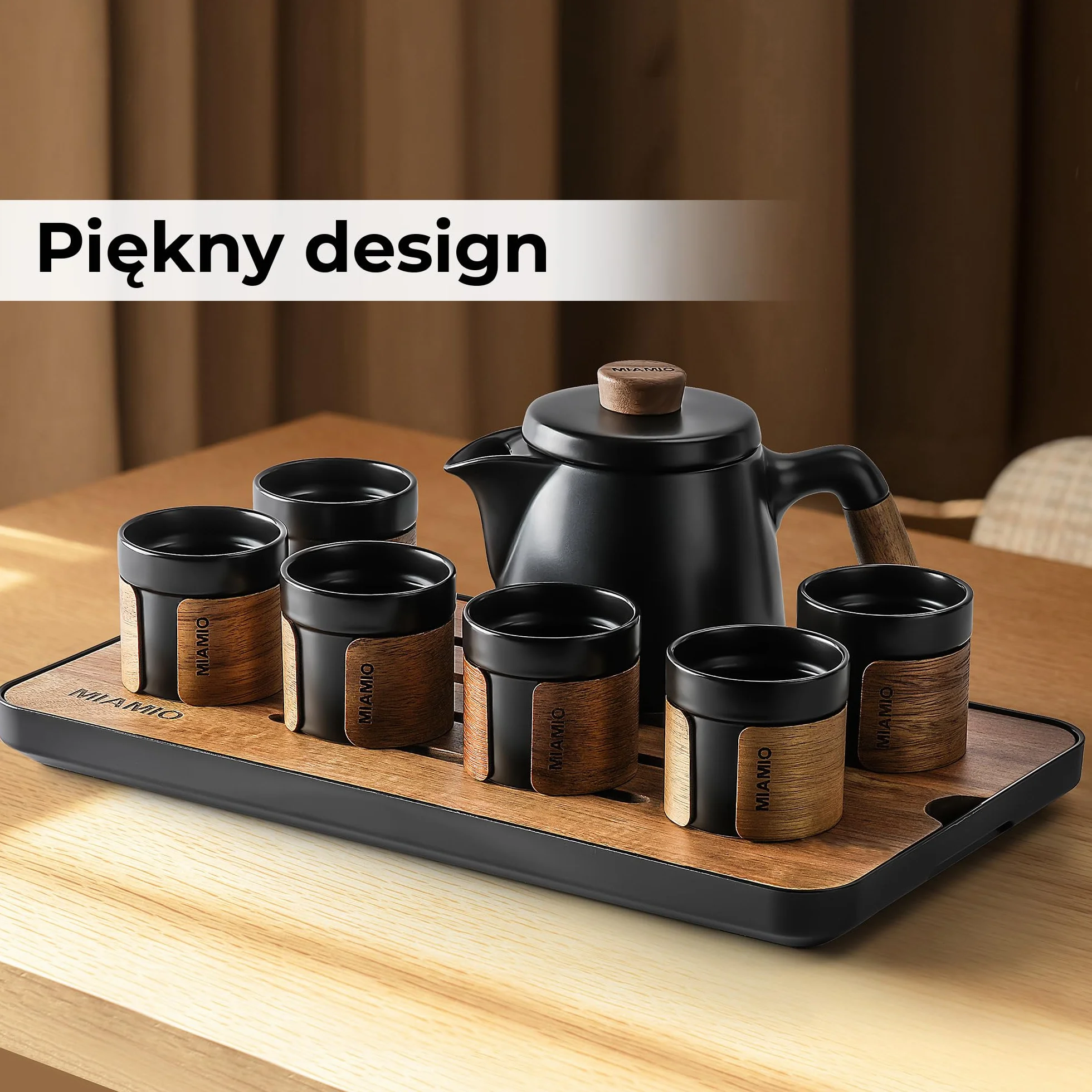 MIAMIO Japoński/chiński zestaw do herbaty, 6 azjatyckich filiżanek (100 ml) z zaparzaczem do herbaty (620 ml), tradycyjny japoński zestaw filiżanek dla miłośników herbaty, mężczyzn, kobiet (czarny)