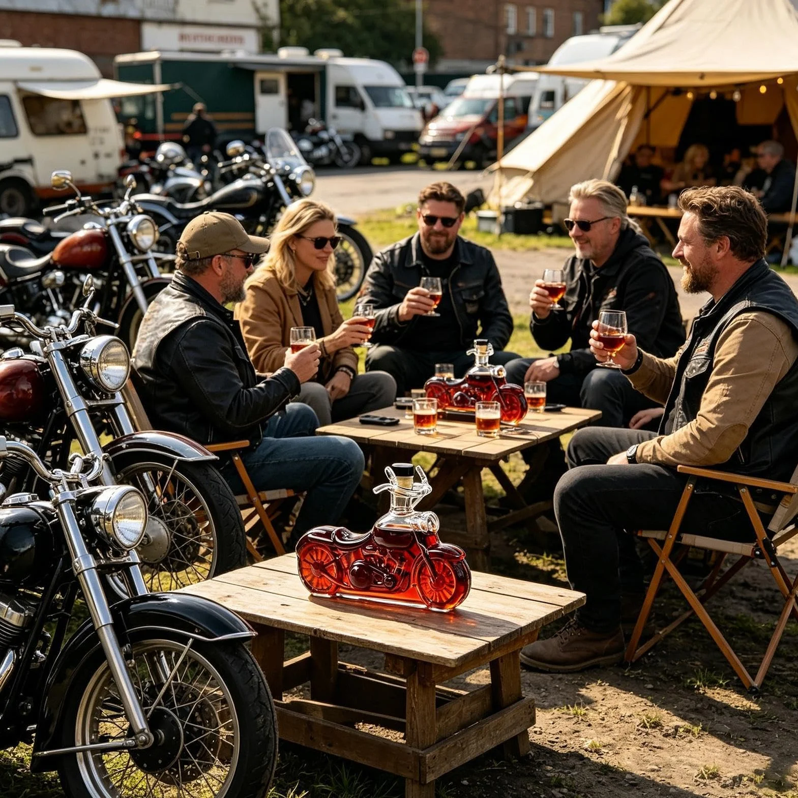 Karafka na alkohol motocyklowy — karafka do pojazdów zabytkowych, dozownik bourbona w retro, misterne detale formowane ze szkła, hermetyczne przechowywanie przeterminowanych alkoholi, gościnność