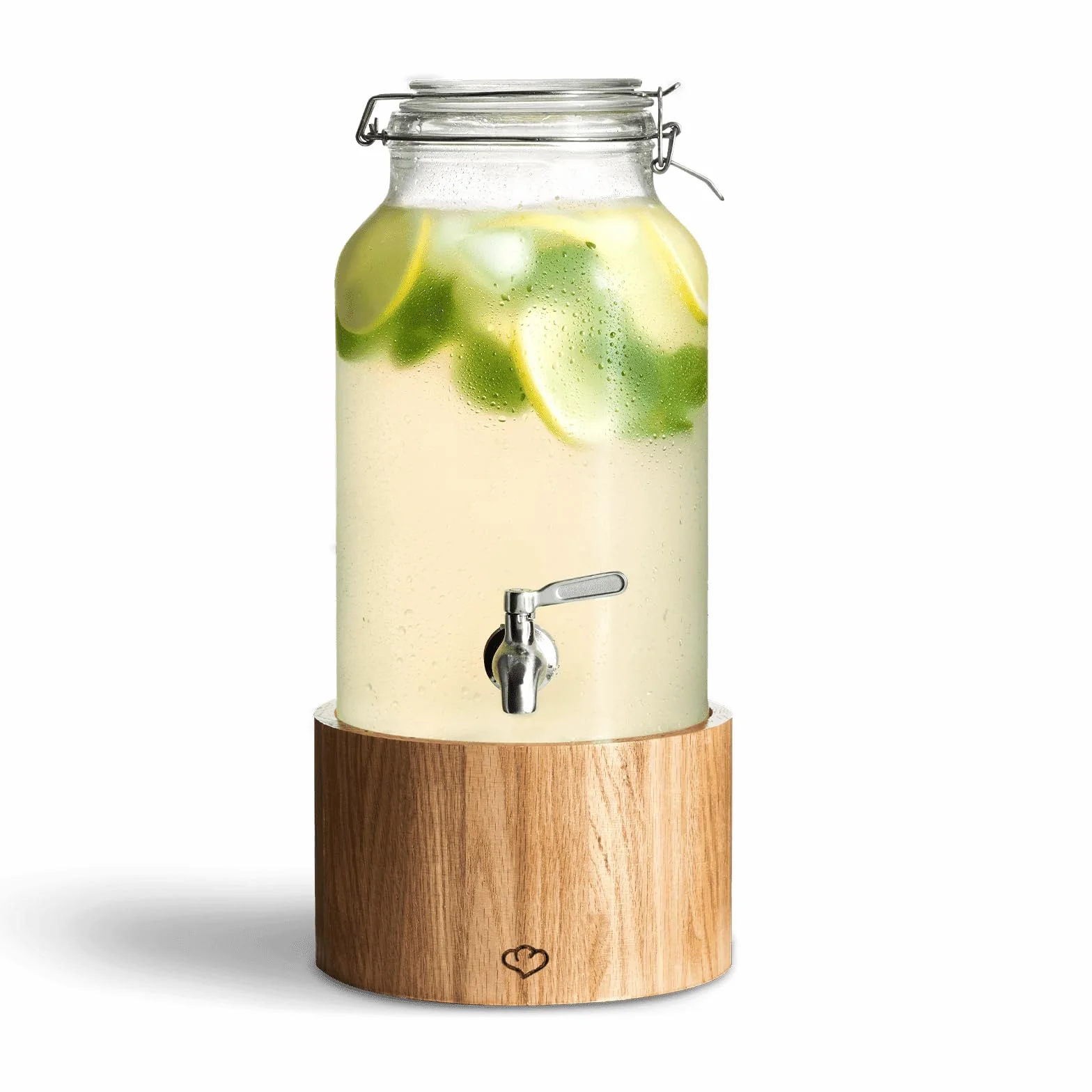 SPRINGLANE szklany dozownik do napojów 5 L Greta z kranikiem ze stali nierdzewnej i stojakiem z drewna kauczukowego, dozownik do lemoniady, Vintage Design Mason Jar