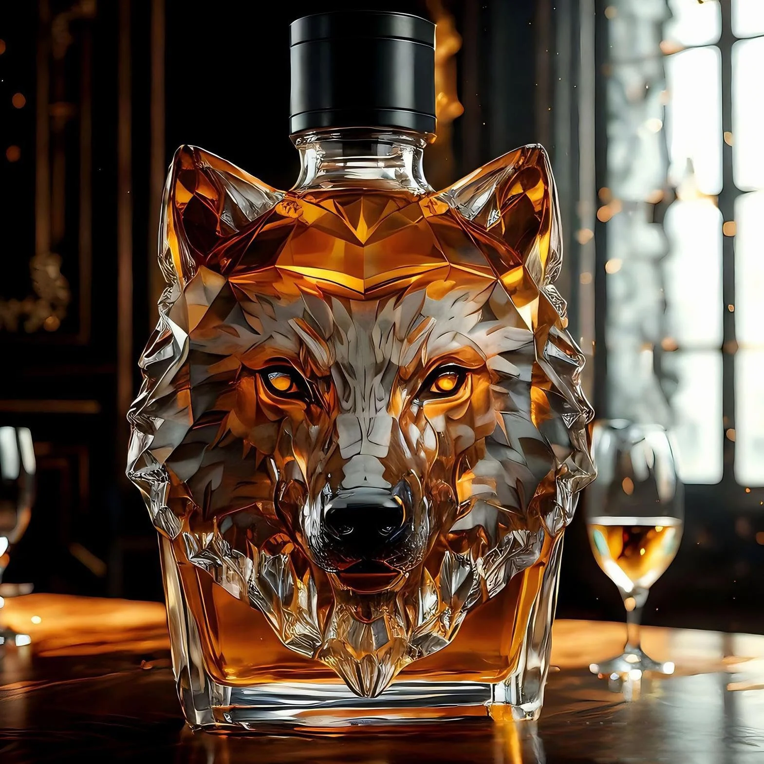 Wolf butelka do whisky, w stylu vintage, wilk, karafka do whisky z herbem, wytrzymała i funkcjonalna konstrukcja do domowego baru, kolekcjonerskiego, likieru z motywem zwierzęcym