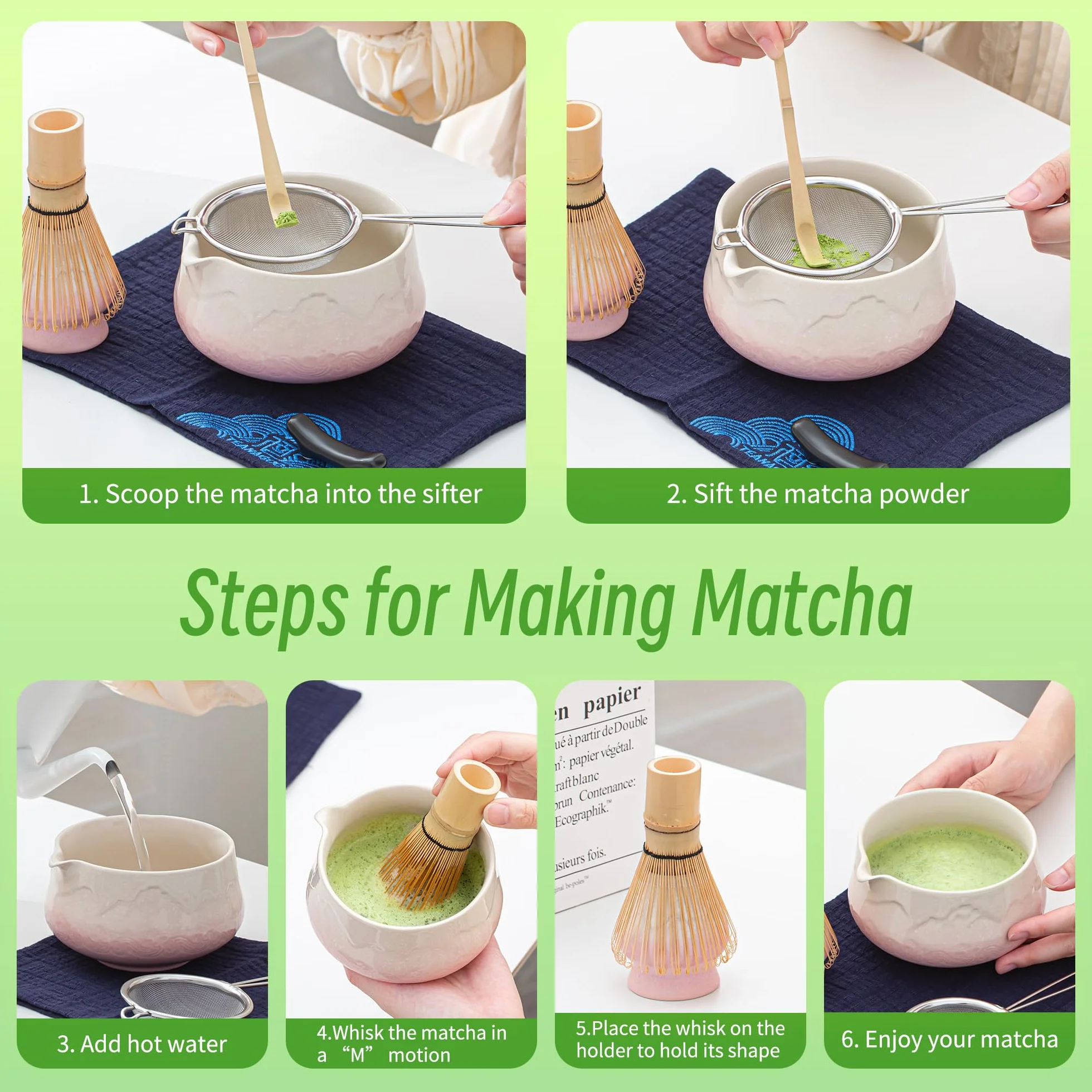 TEANAGOO Zestaw 7 trzepaczek Matcha, różowy zestaw matcha, zestaw do ceremonii matcha w proszku, zestaw do herbaty matcha do robienia latte, zestaw trzepaczka matcha i miska z miarką i przesiewaczem