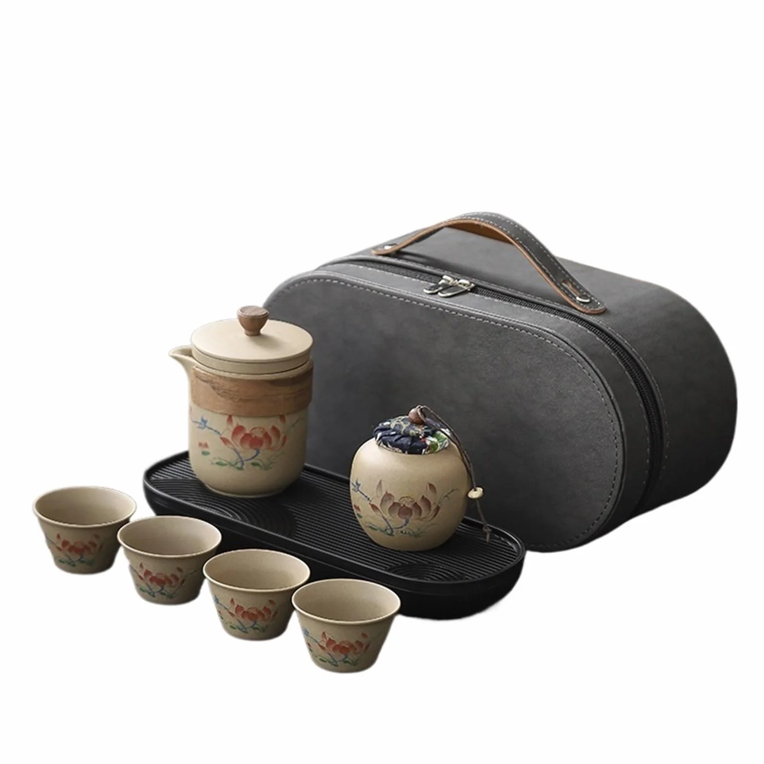 Podróżny zestaw do herbaty z wytłoczonym lotosem: porcelanowy garnek i 3 filiżanki z etui - idealny do biura lub w podróży - wykwintny prezent na herbatę w stylu chińskim