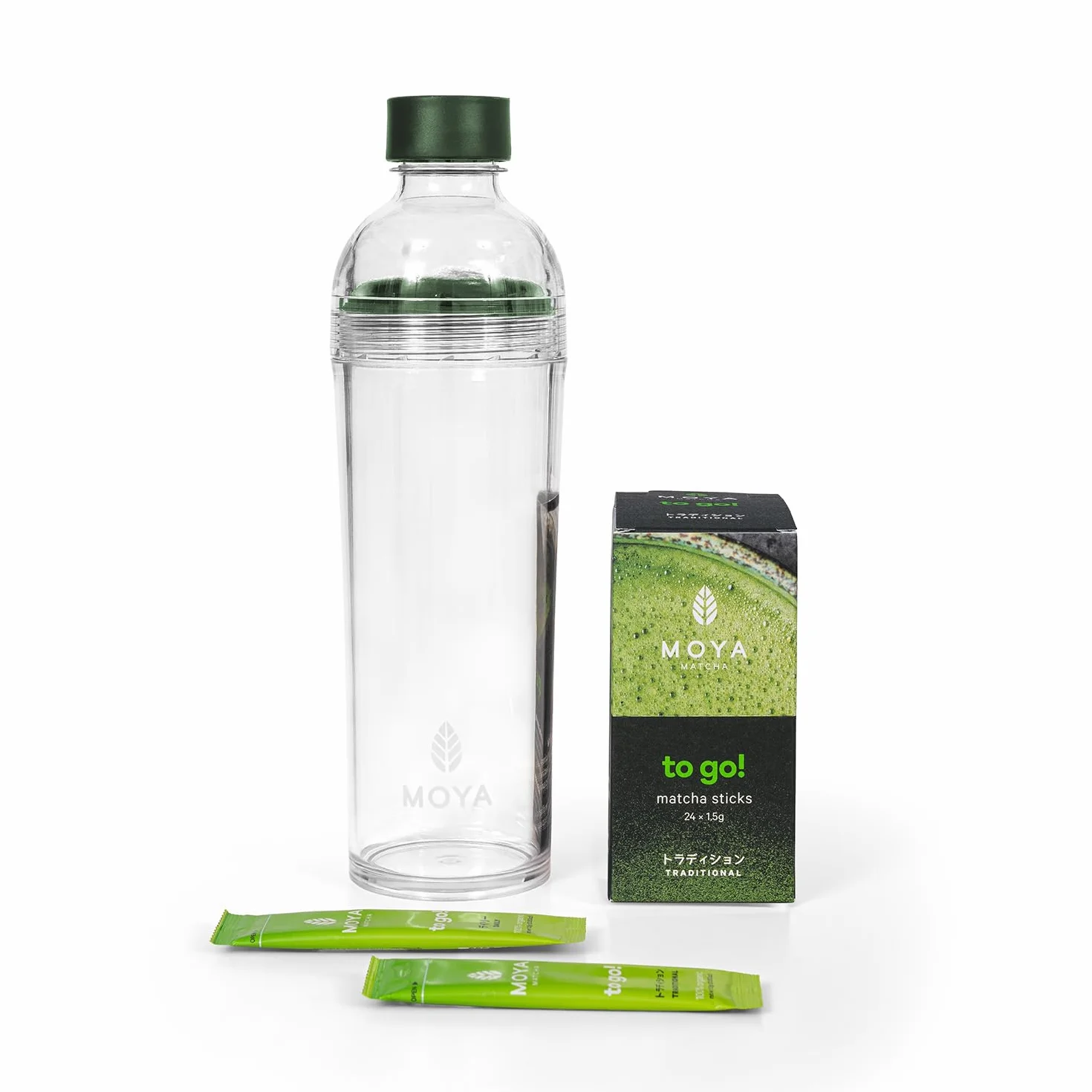 Moya Matcha Tradycyjny japoński zestaw zielonej herbaty z 30 g ceremonialnego proszku i shaker butelka 400 ml