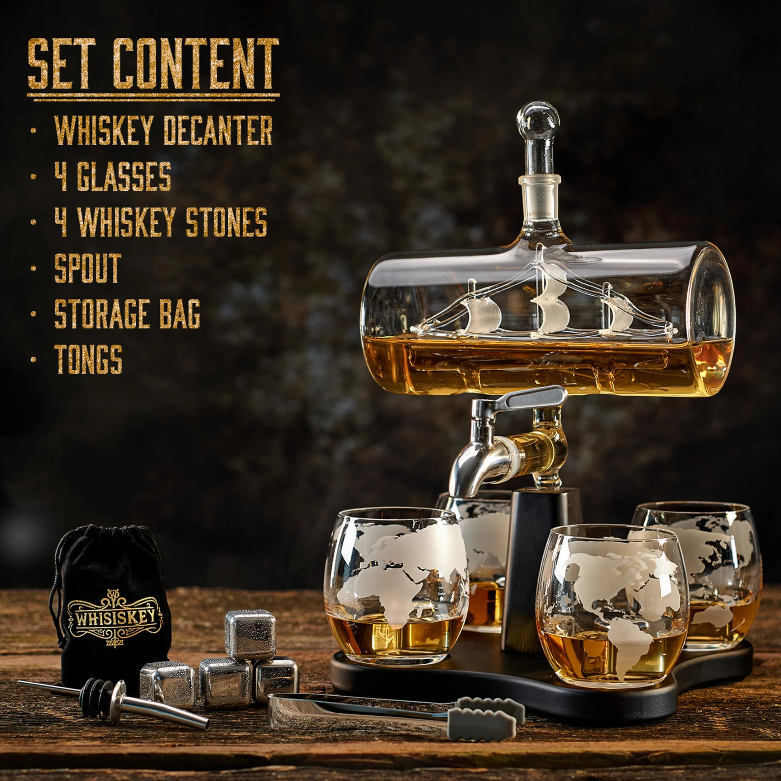 WHISISKEY Zestaw Karafka do Whisky - Zestaw Prezentowy Whiskey - Prezenty dla Mężczyzn - Pomysły na Prezent dla Mężczyzny - Żaglówki Karafka 1100ML, 4 Szklanki do Whisky, 4 Kamienie do Whisky