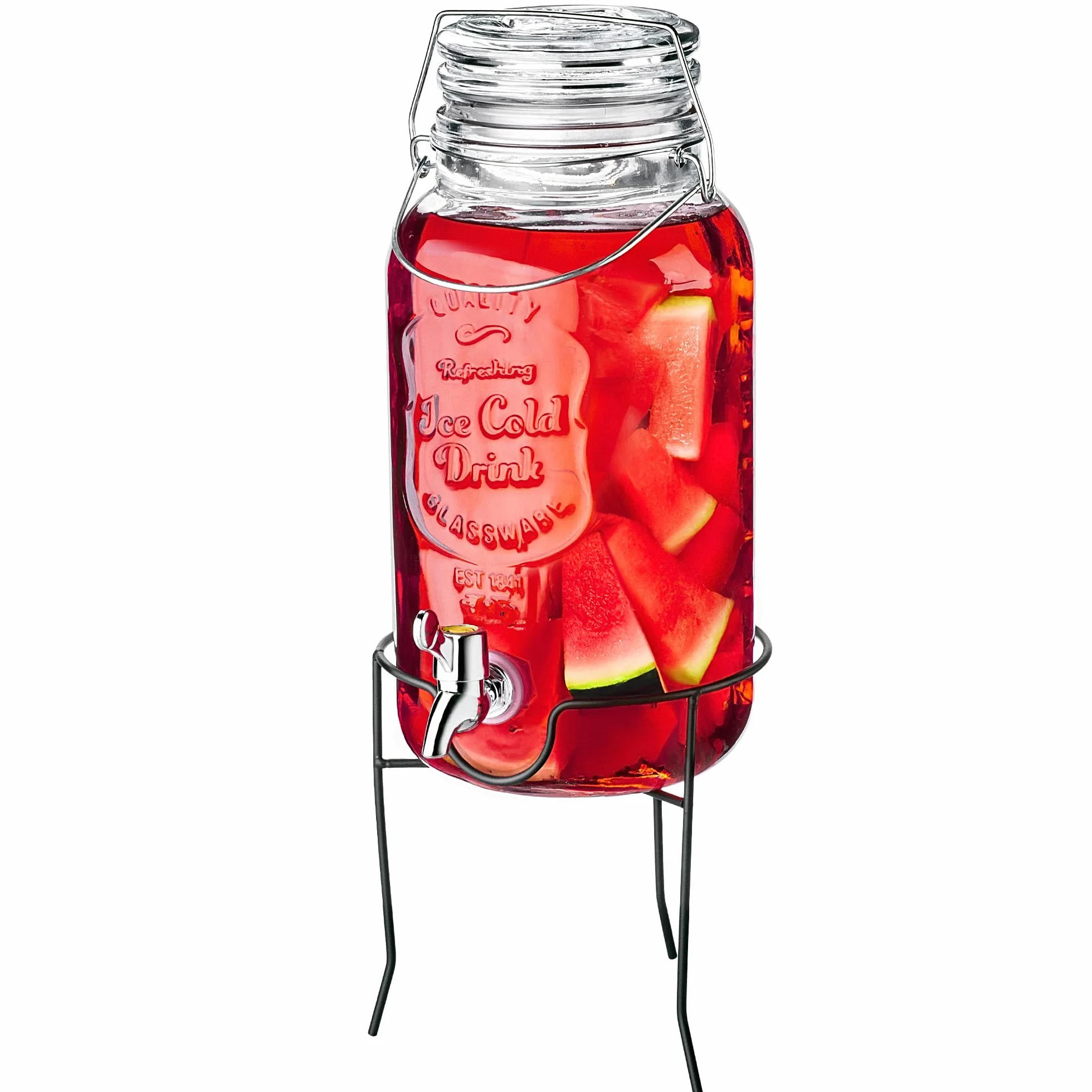 KADAX Dozownik do napojów 4L z podstawą, dozownik soku ze szkła, dozownik wody z kranikiem i pokrywką, dozownik do limonady, dozownik do zimnych napojów (Model 2)
