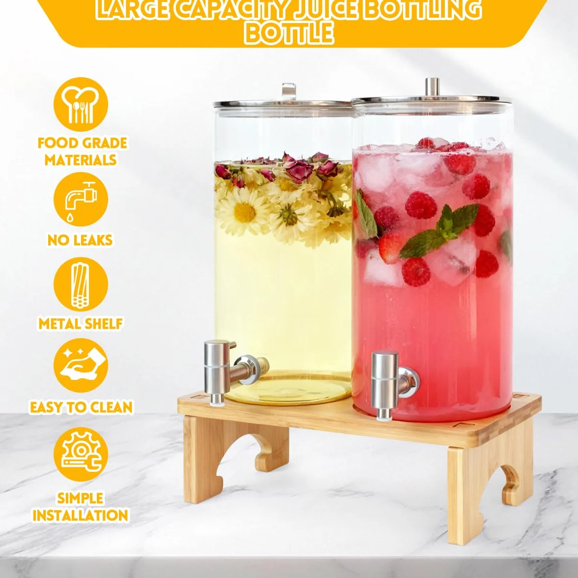 2 x 6 l dozownik do napojów ze stojakiem, szklany dozownik do napojów z kranikiem z litej stali nierdzewnej, do mrożonych soków, wody, domowych napojów, imprez, wesel