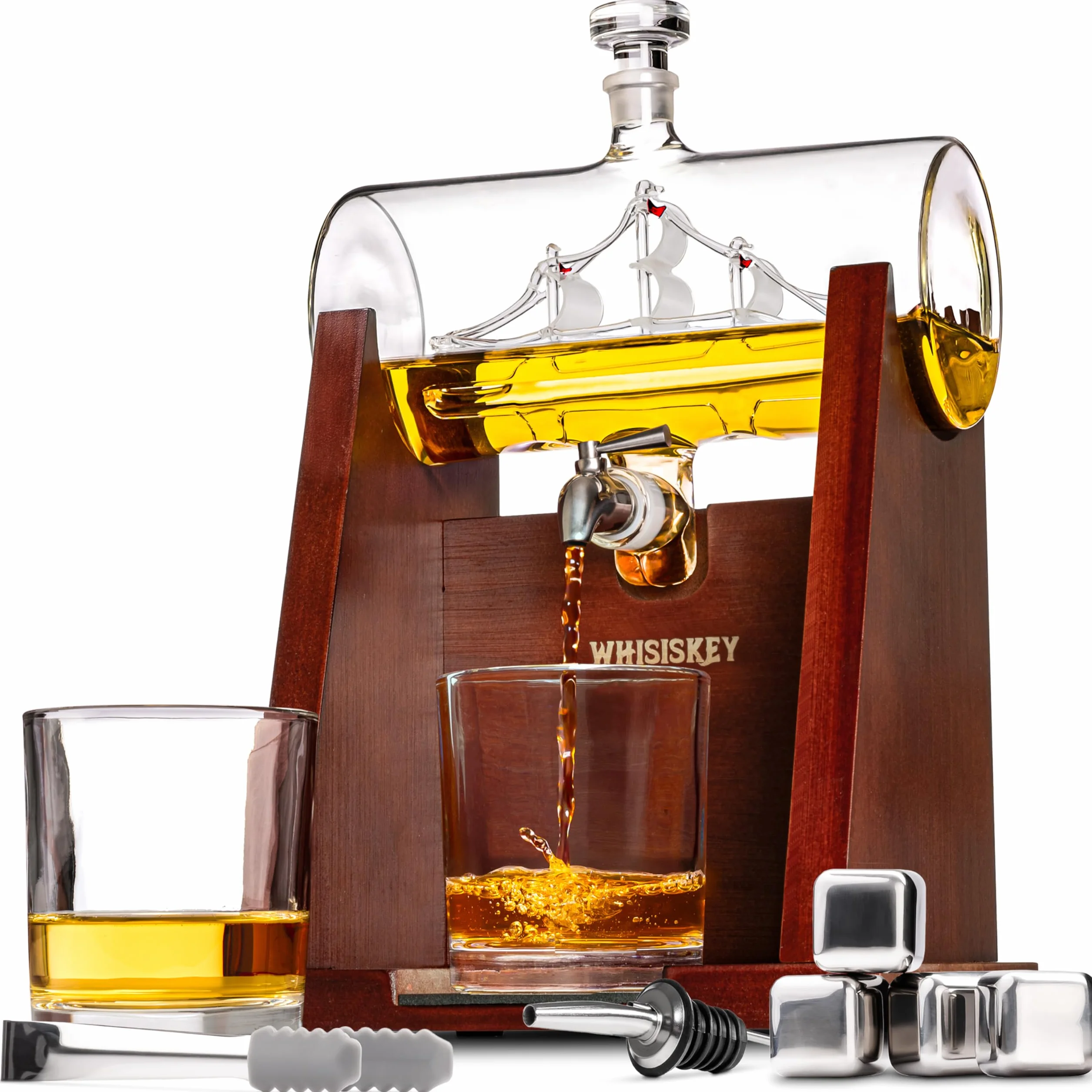 WHISISKEY Zestaw Karafka do Whisky - Zestaw Prezentowy Whiskey - Prezenty dla Mężczyzn - Pomysły na Prezent dla Mężczyzny - Żaglówki Karafka 1100ML, 2 Szklanki do Whisky, 4 Kamienie do Whisky