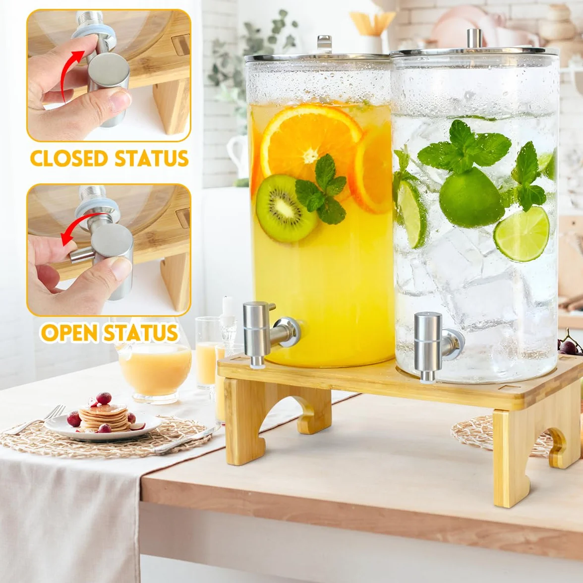 2 x 6 l dozownik do napojów ze stojakiem, szklany dozownik do napojów z kranikiem z litej stali nierdzewnej, do mrożonych soków, wody, domowych napojów, imprez, wesel