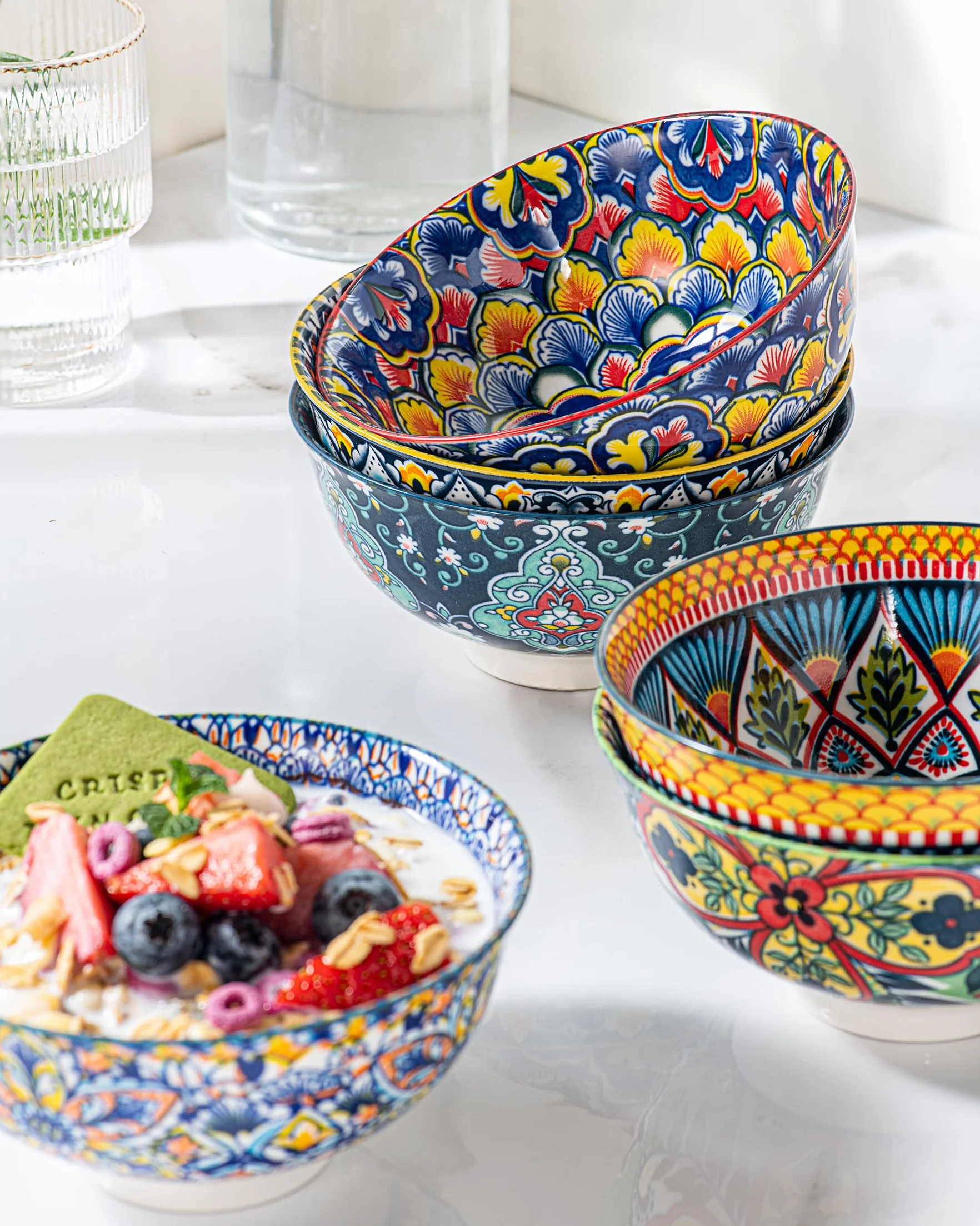 HENXFEN LEAD Porcelanowe miski na płatki śniadaniowe, zupy, lody, desery itp. kolorowe, 6 sztuk, styl boho