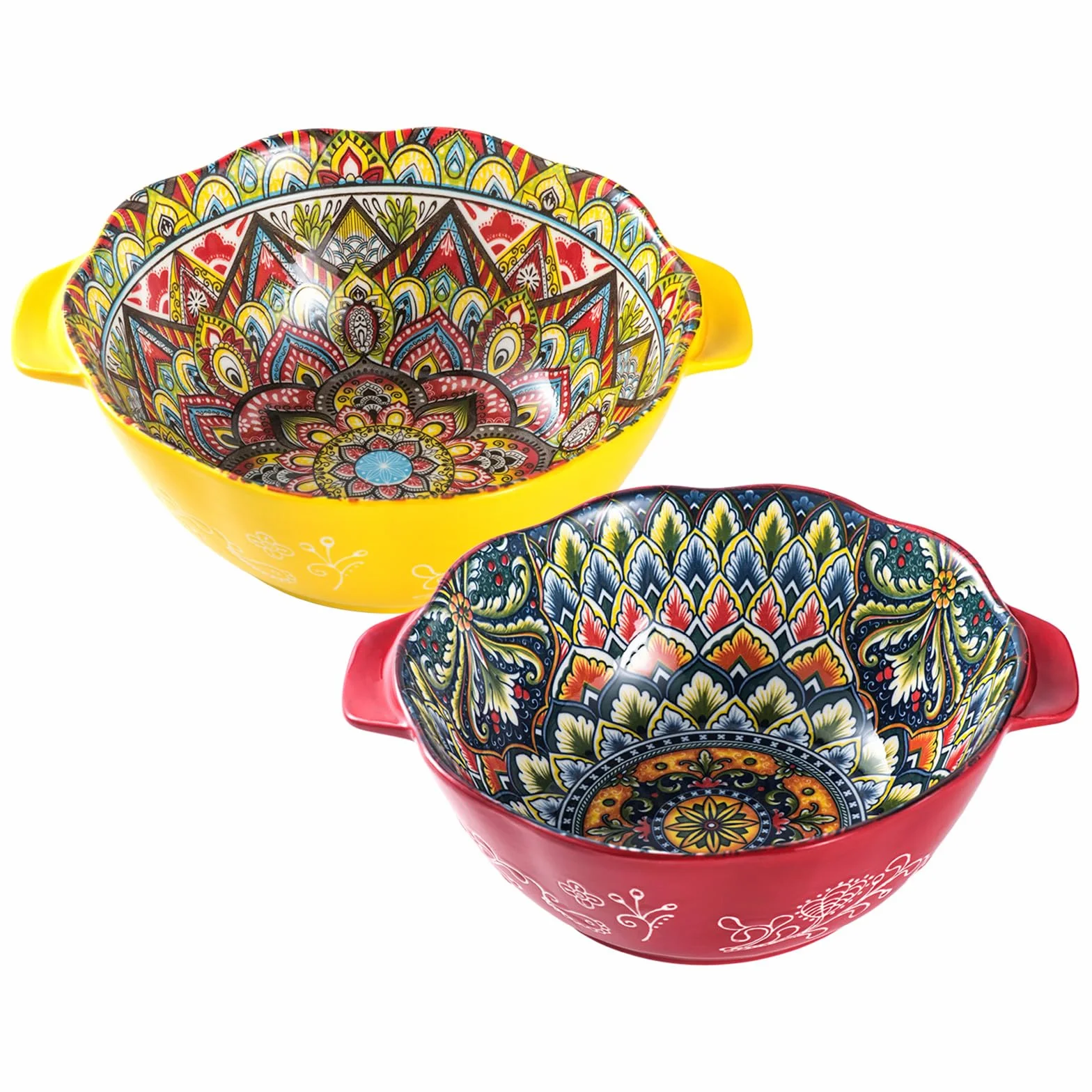 Henten Home Miska do sałatki z uchwytem, duże porcelanowe miski do serwowania, zestaw 56 ml, 1450 ml boho ceramiczna miska na ramen, zupę, owoce, sałatkę, kolorowy zestaw misek - styl boho