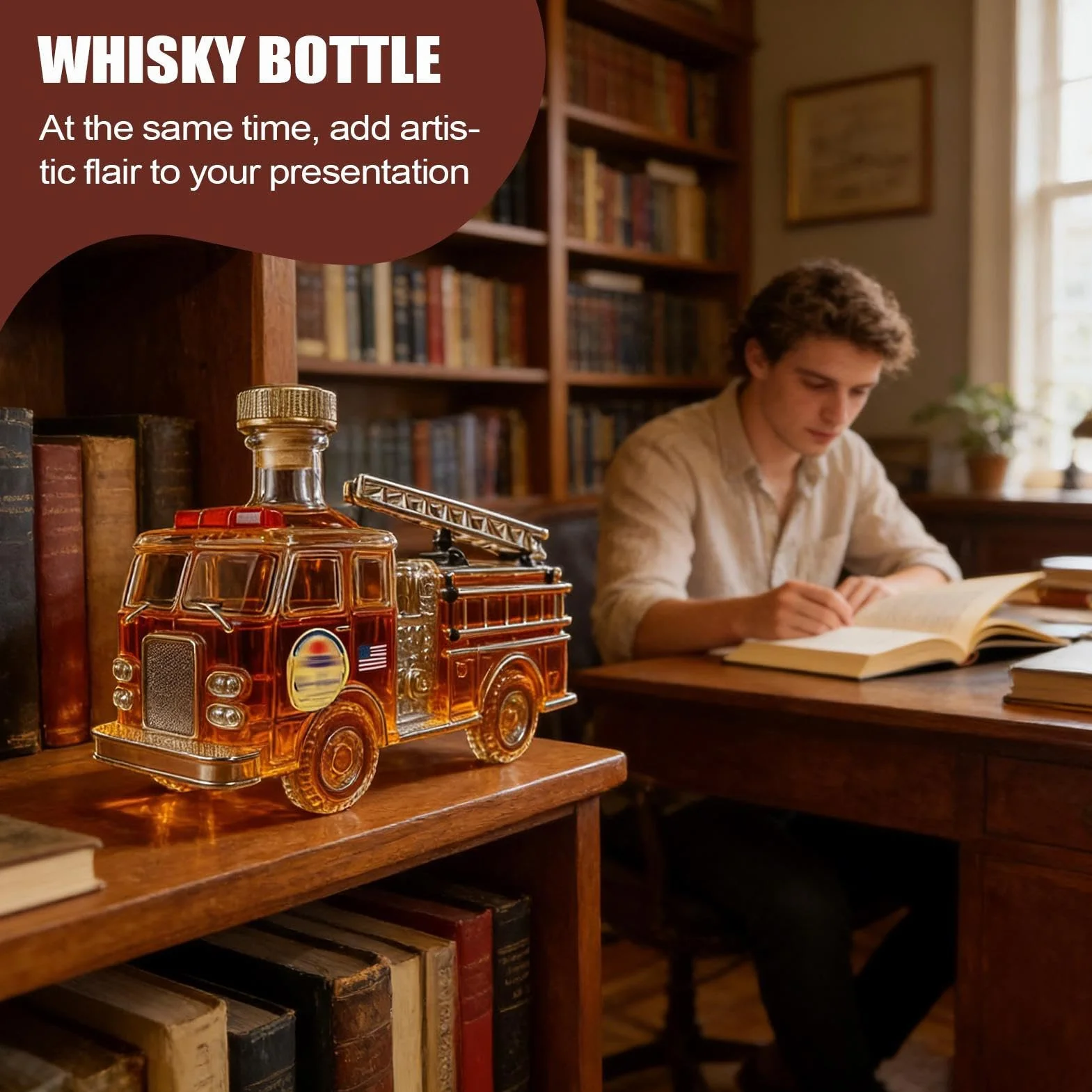 Karafka do alkoholu, 14,5x6x9,5 cm Ręcznie rzeźbiona butelka wina, 300 ml Szklana karafka do whiskey w kształcie strażackiego wozu na urodziny taty, brata, przyjęcie, bar, do domu